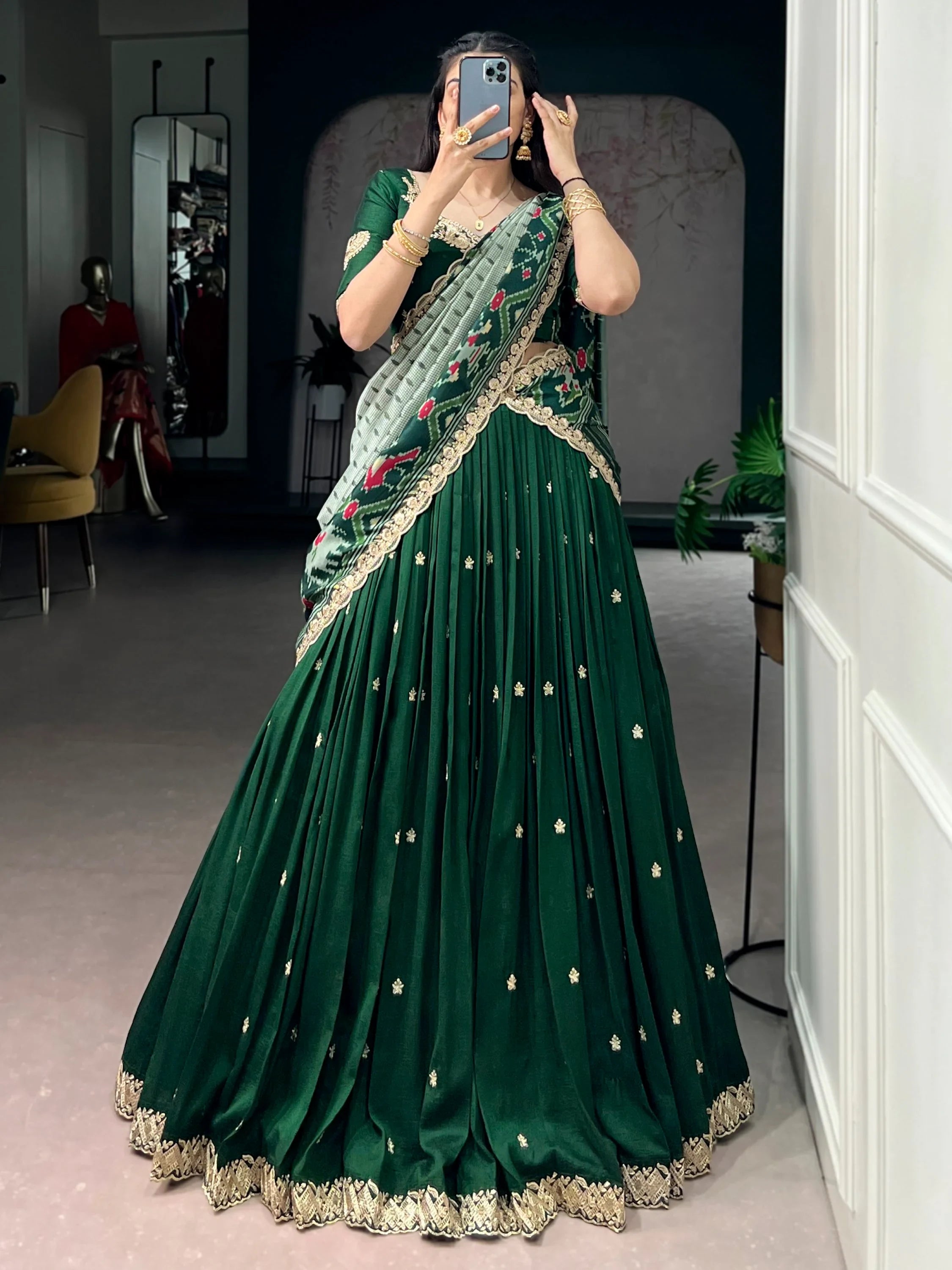 Green Rich Thread Embroidered Silk Festive Wear Half Saree Lehenga