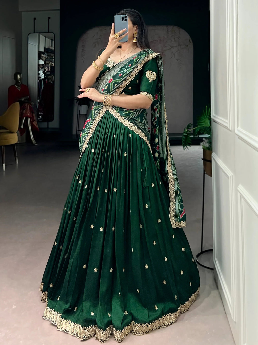 Green Rich Thread Embroidered Silk Festive Wear Half Saree Lehenga
