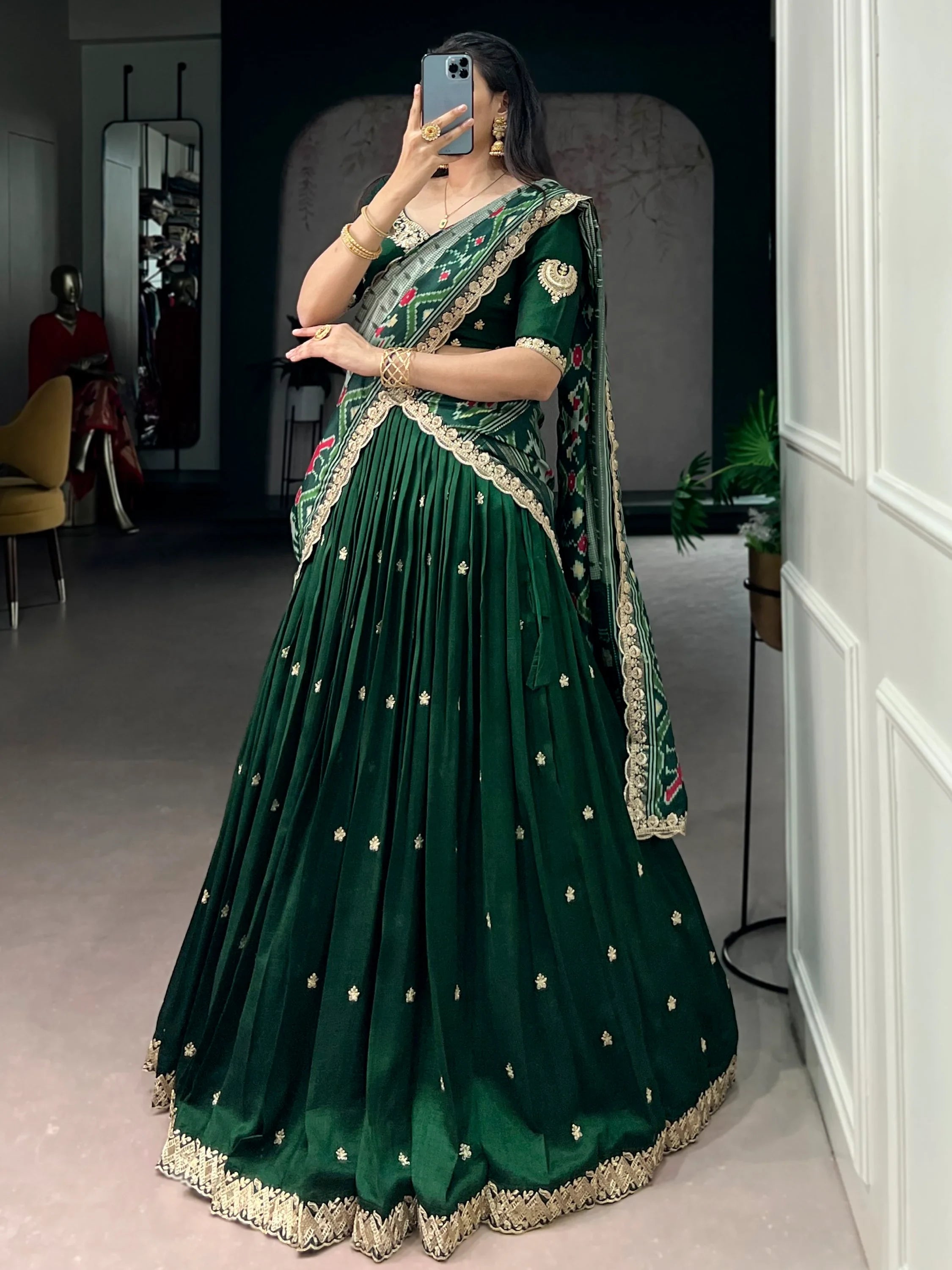 Green Rich Thread Embroidered Silk Festive Wear Half Saree Lehenga