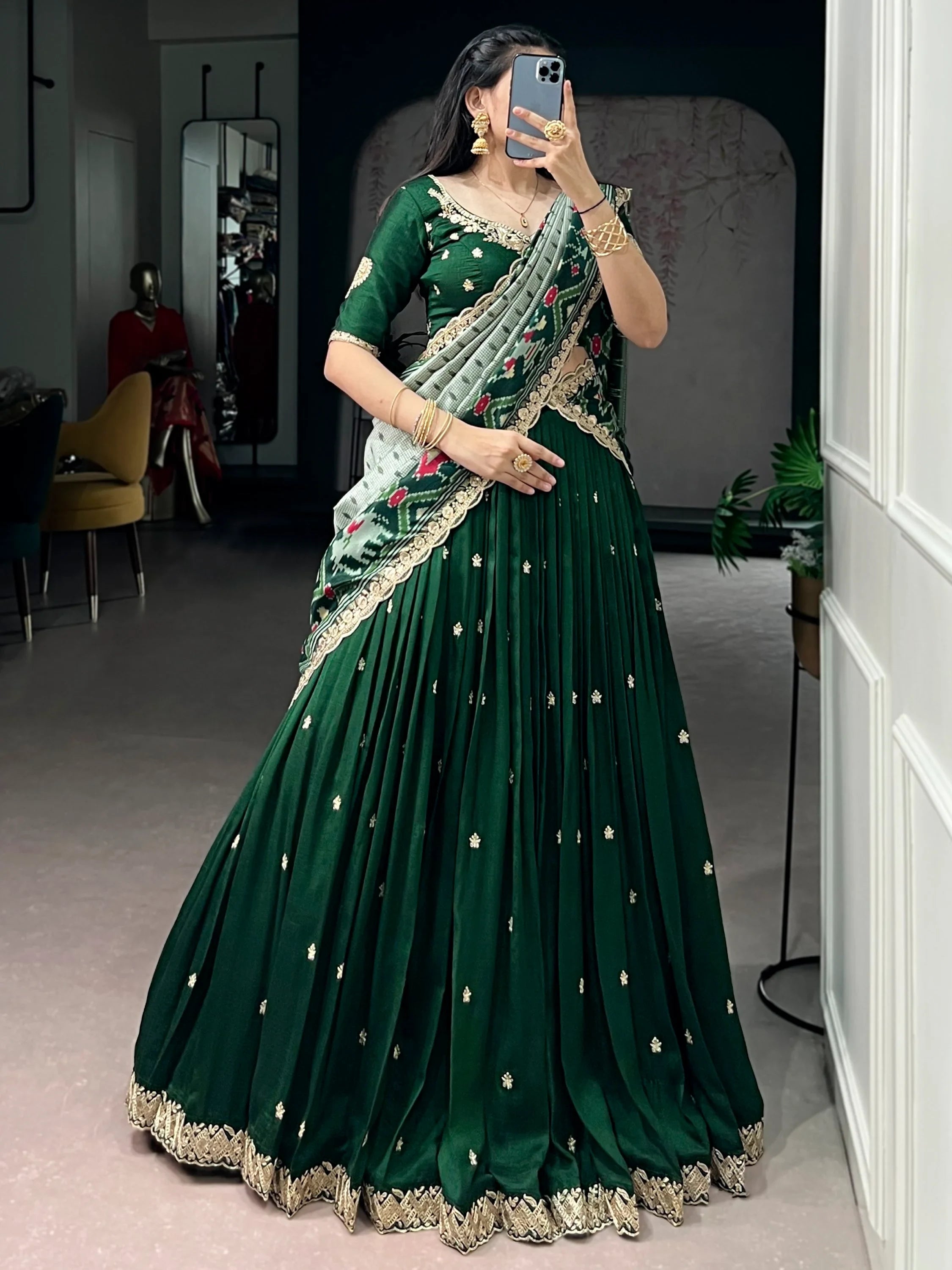 Green Rich Thread Embroidered Silk Festive Wear Half Saree Lehenga