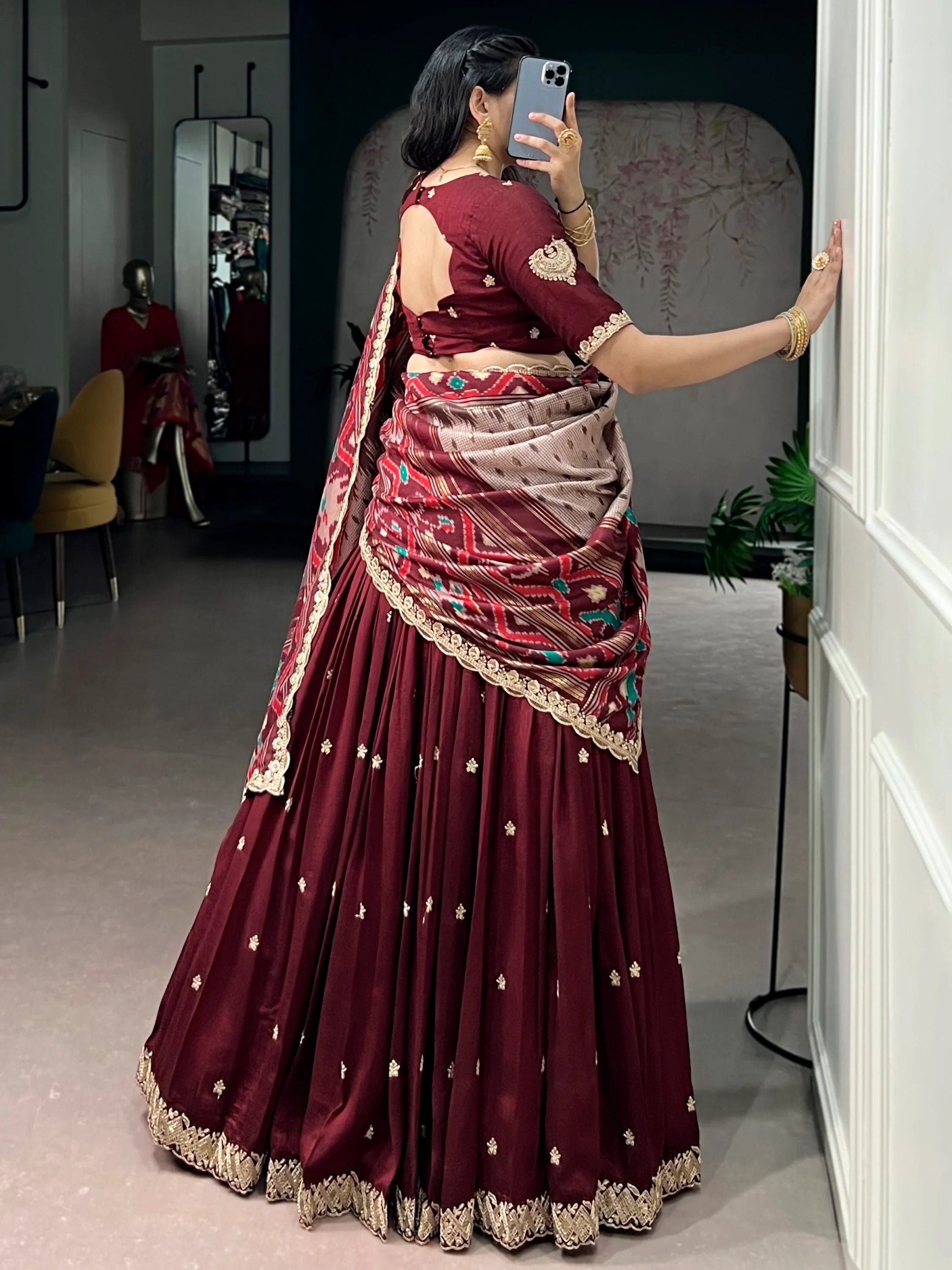 Maroon Rich Thread Embroidered Silk Festive Wear Half Saree Lehenga
