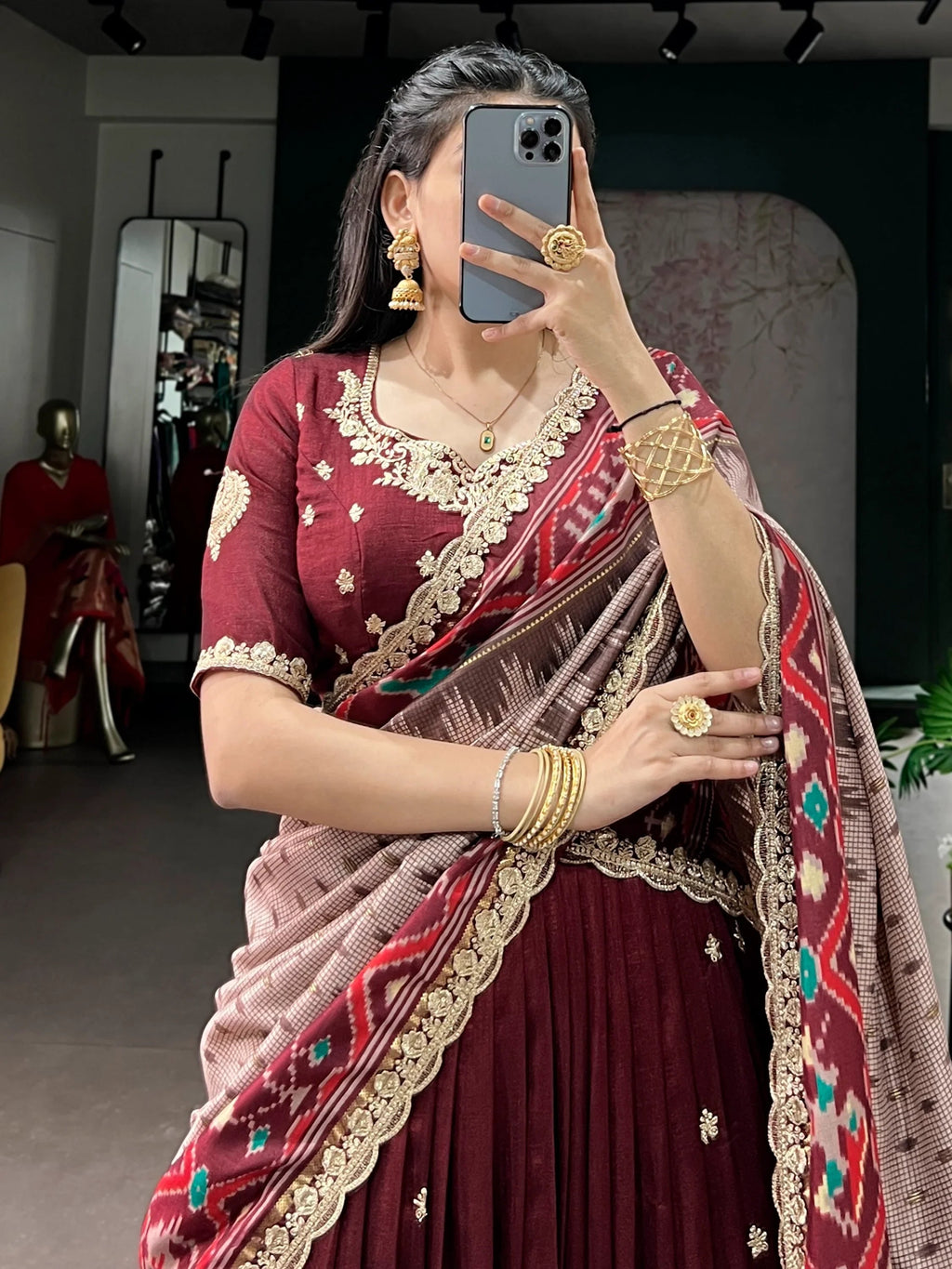 Maroon Rich Thread Embroidered Silk Festive Wear Half Saree Lehenga