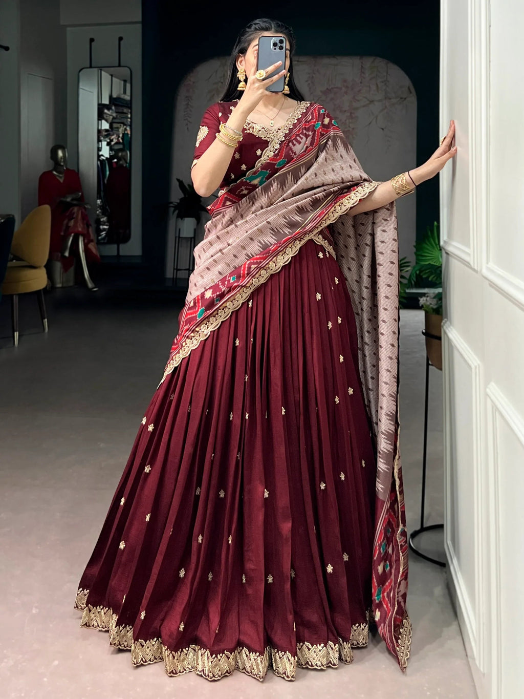 Maroon Rich Thread Embroidered Silk Festive Wear Half Saree Lehenga
