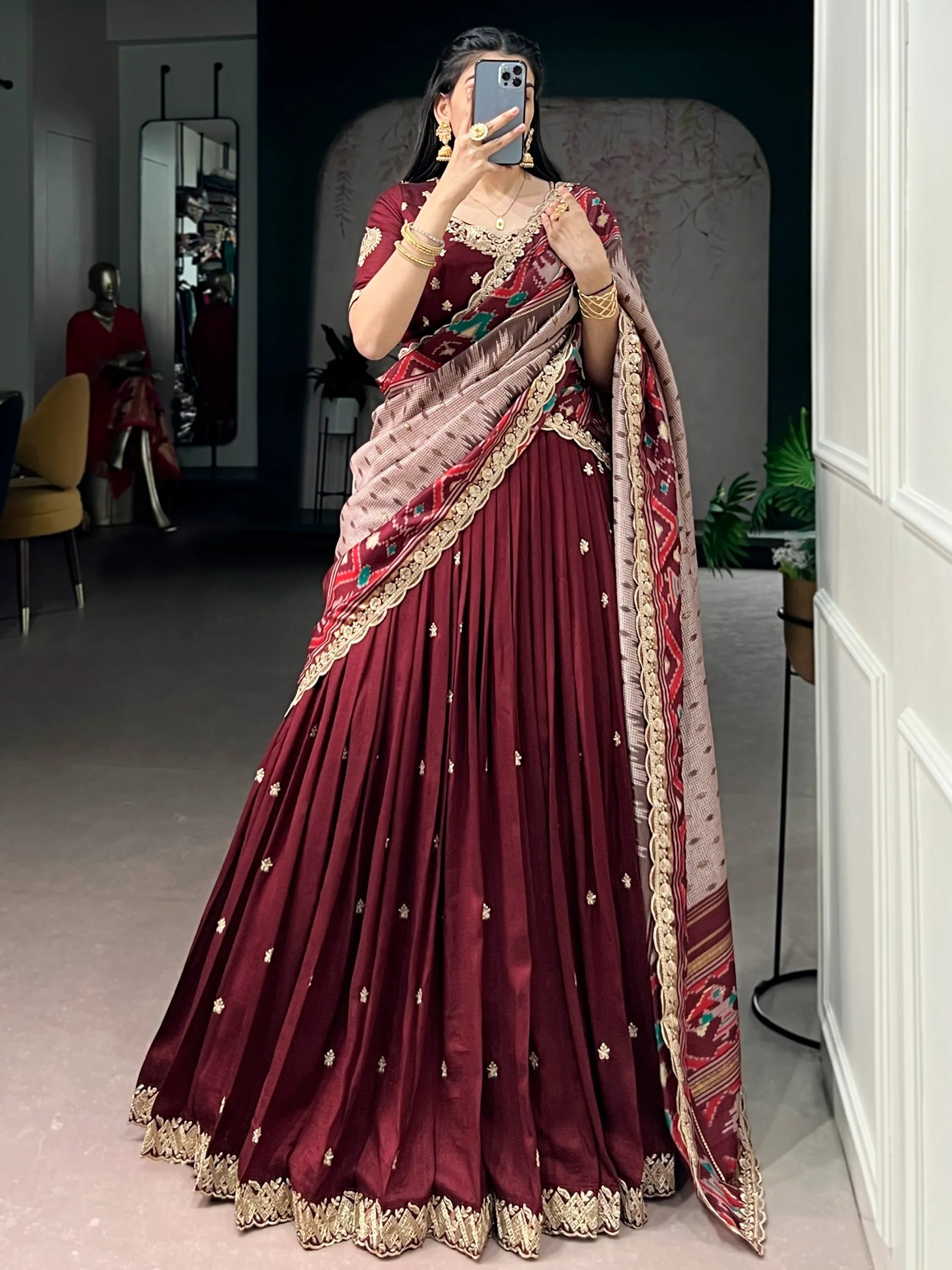 Maroon Rich Thread Embroidered Silk Festive Wear Half Saree Lehenga
