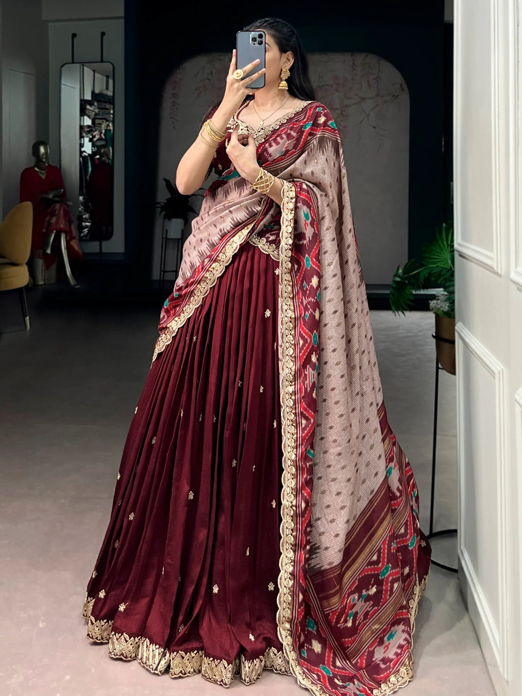 Maroon Rich Thread Embroidered Silk Festive Wear Half Saree Lehenga