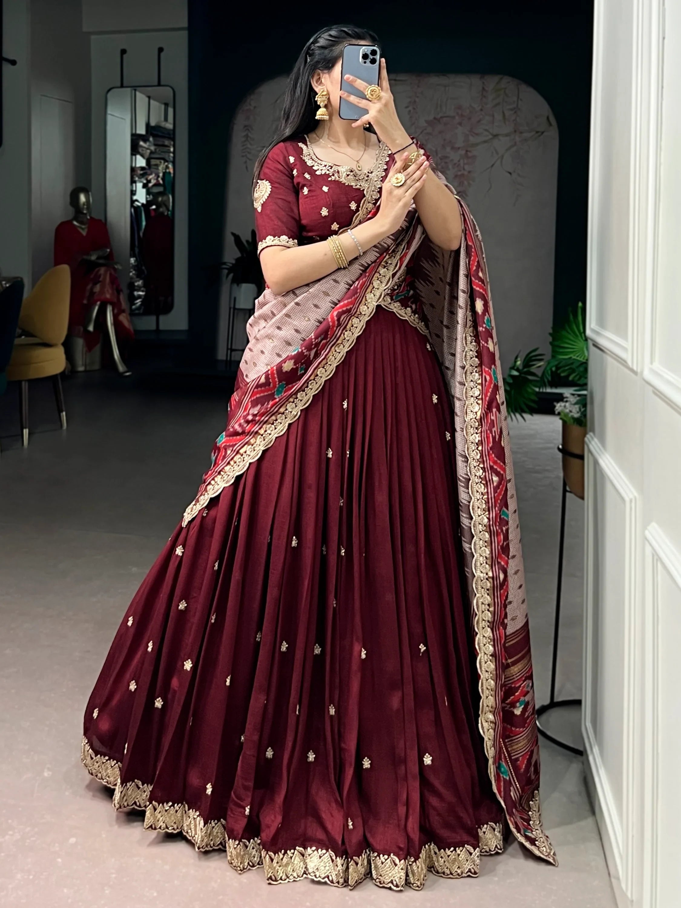 Maroon Rich Thread Embroidered Silk Festive Wear Half Saree Lehenga