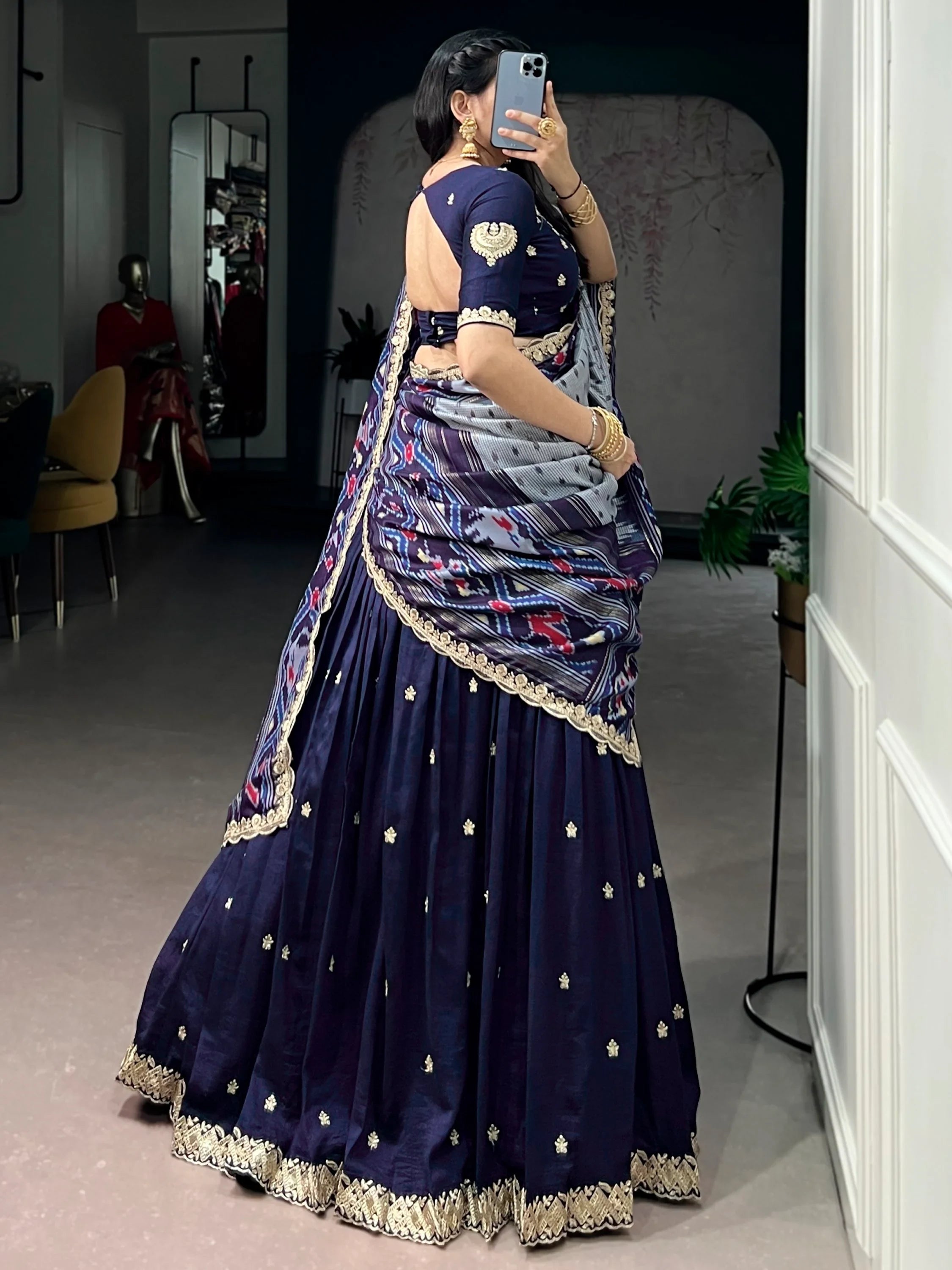 Navy Rich Thread Embroidered Silk Festive Wear Half Saree Lehenga