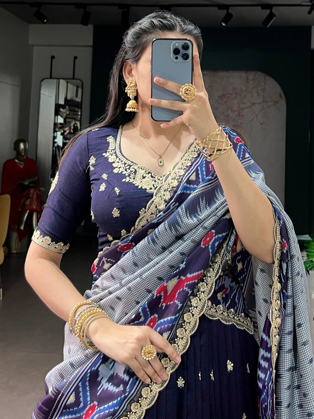 Navy Rich Thread Embroidered Silk Festive Wear Half Saree Lehenga