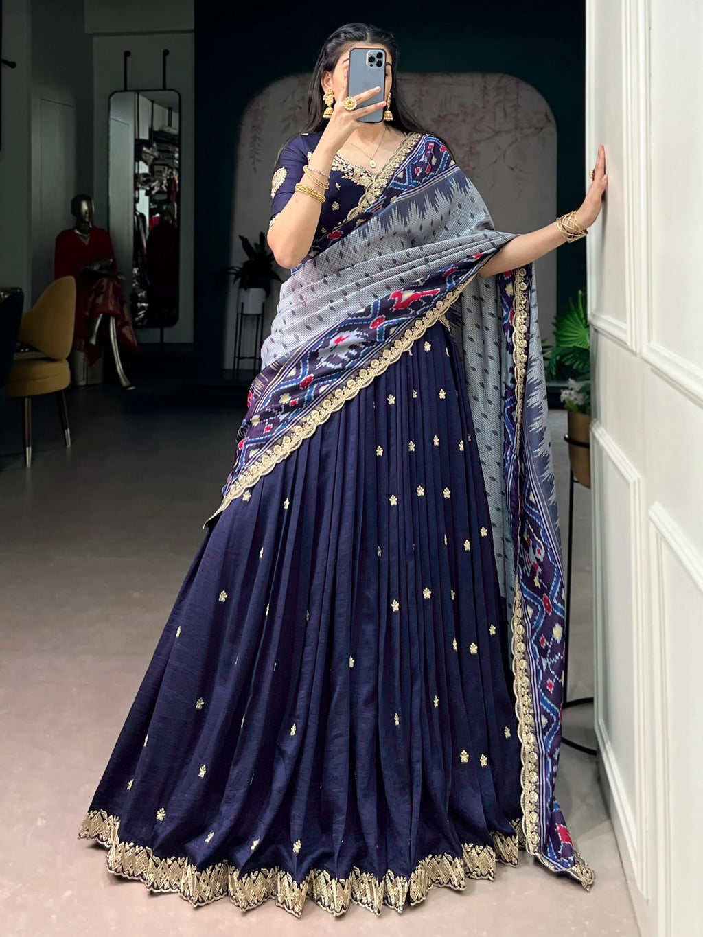 Navy Rich Thread Embroidered Silk Festive Wear Half Saree Lehenga