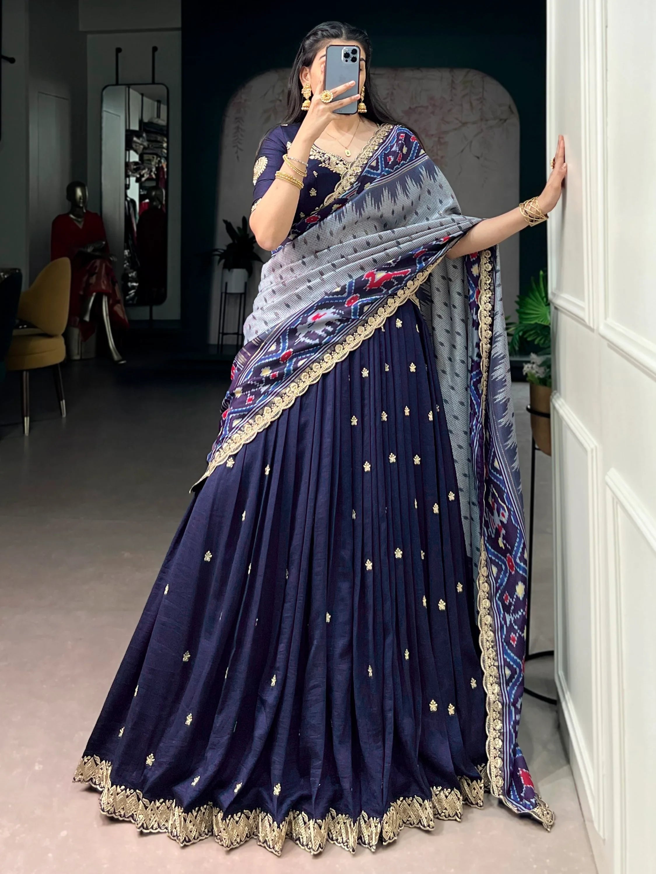 Navy Rich Thread Embroidered Silk Festive Wear Half Saree Lehenga