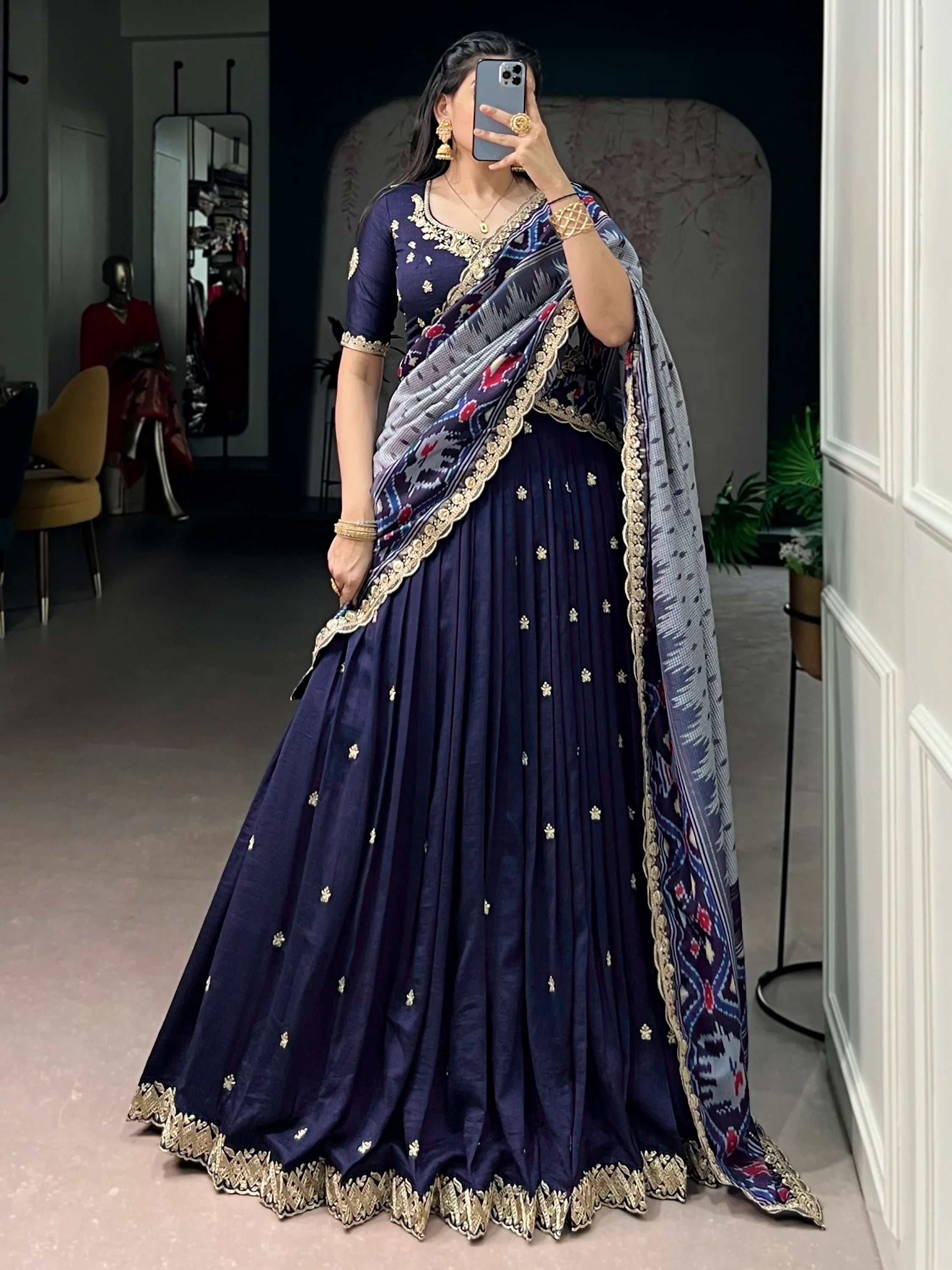 Navy Rich Thread Embroidered Silk Festive Wear Half Saree Lehenga