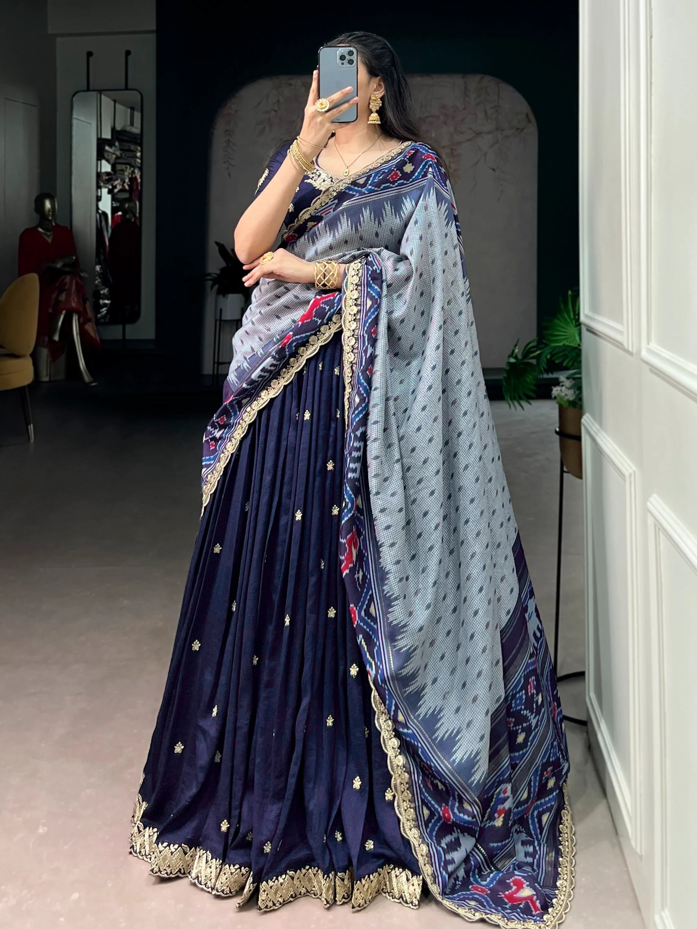 Navy Rich Thread Embroidered Silk Festive Wear Half Saree Lehenga