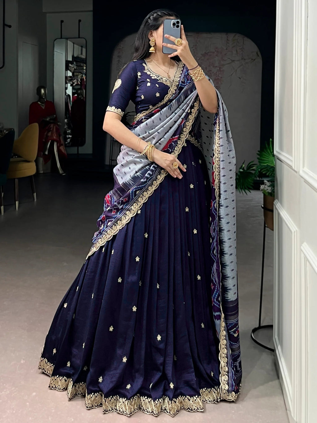 Navy Rich Thread Embroidered Silk Festive Wear Half Saree Lehenga