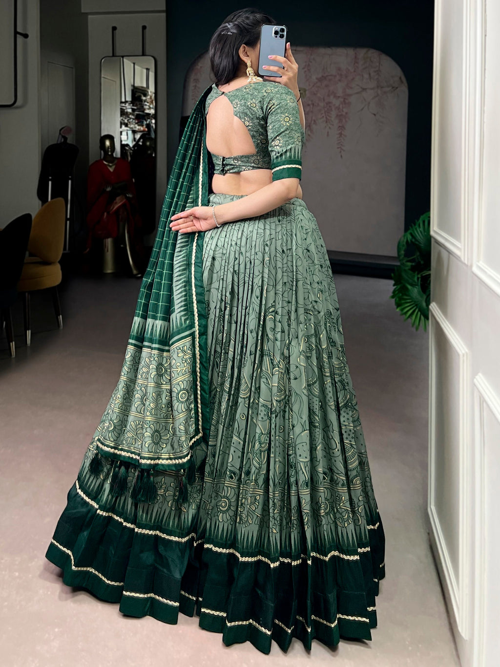 Green Kalamkari Print Tussar Silk Lehenga Choli for Festive Occasions and Weddings