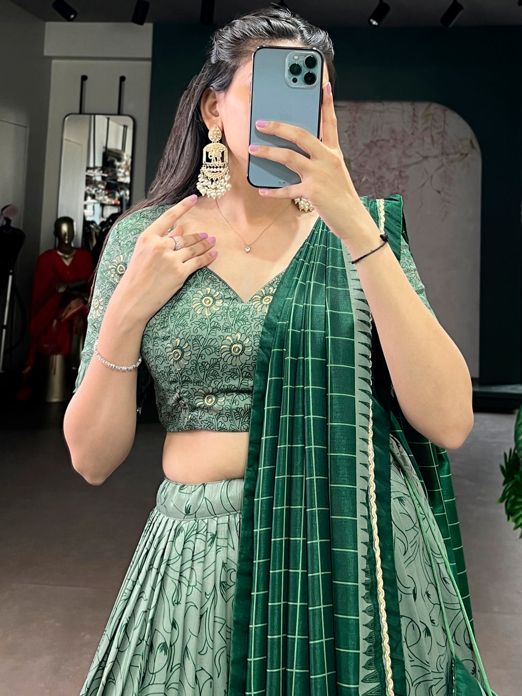 Green Kalamkari Print Tussar Silk Lehenga Choli for Festive Occasions and Weddings