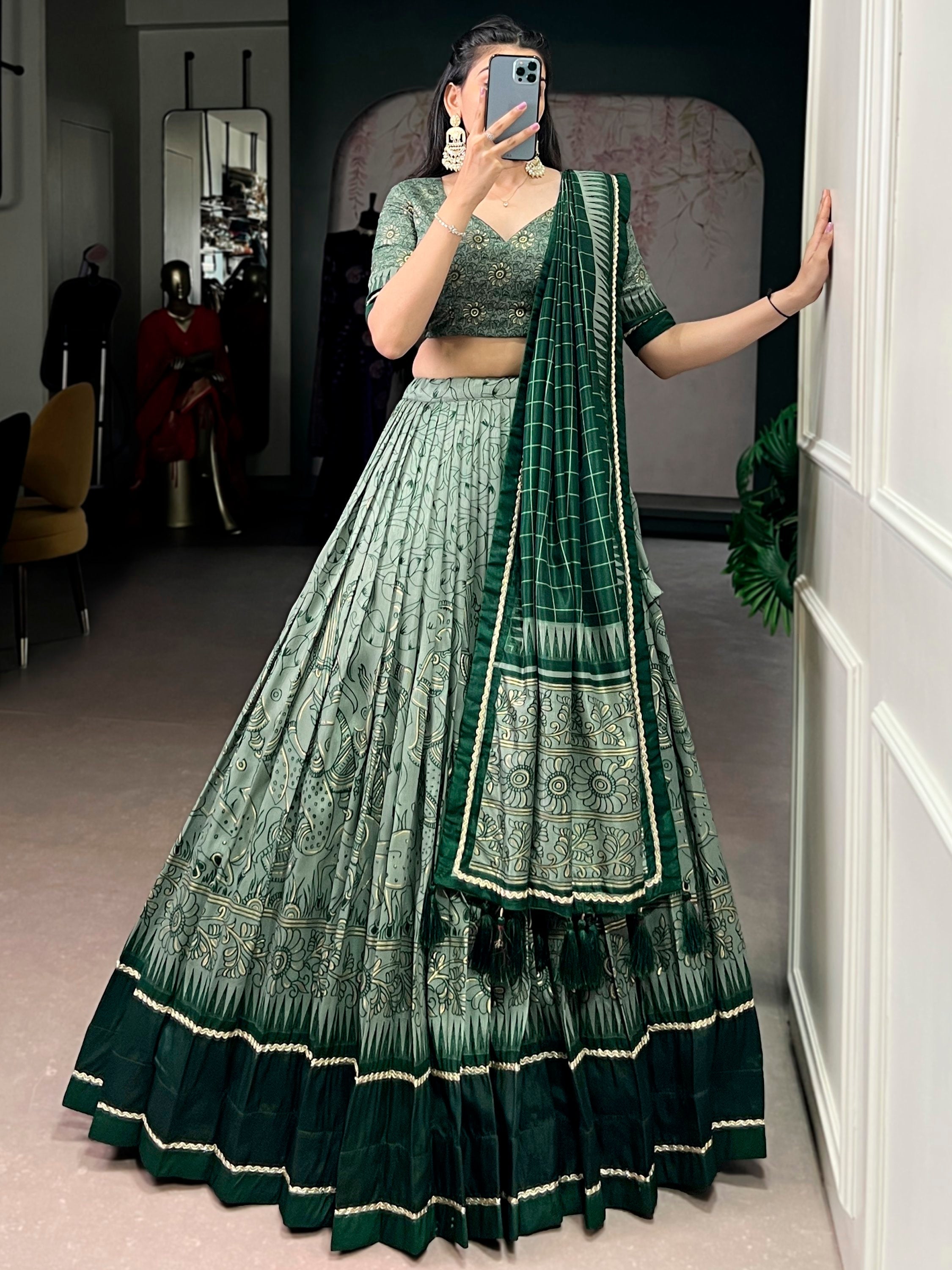 Green Kalamkari Print Tussar Silk Lehenga Choli for Festive Occasions and Weddings