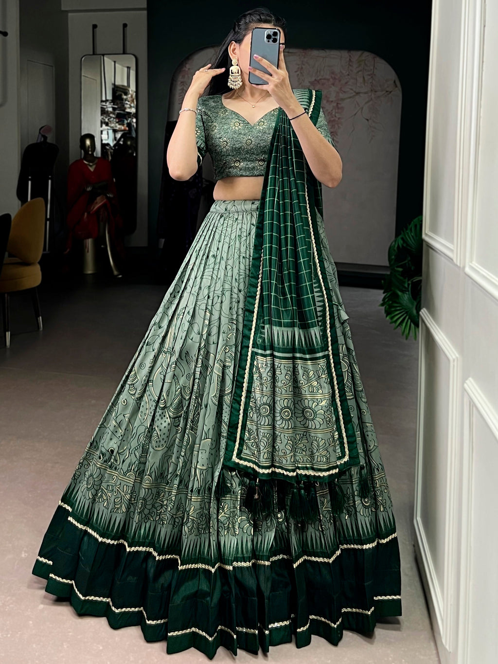 Green Kalamkari Print Tussar Silk Lehenga Choli for Festive Occasions and Weddings