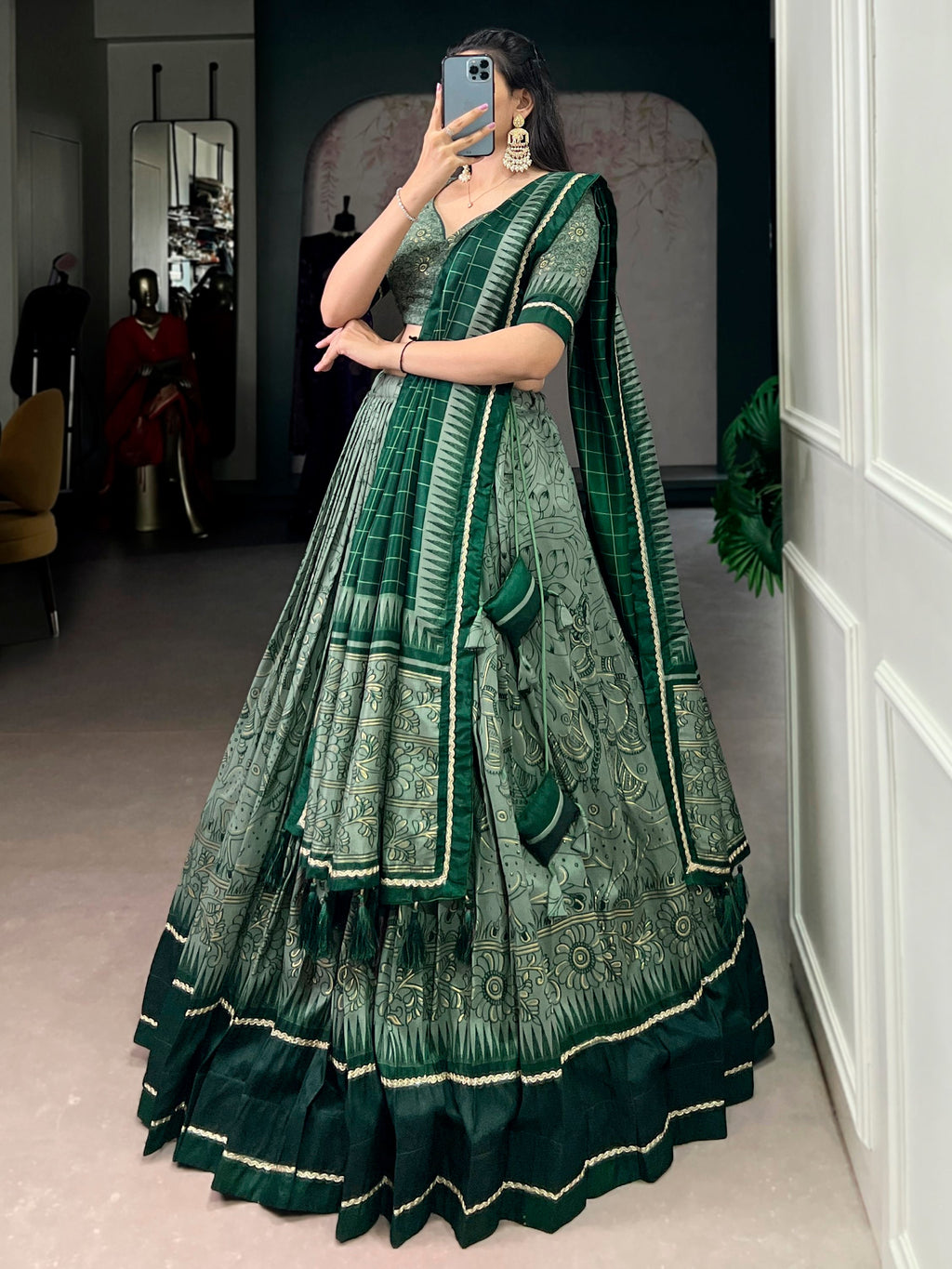 Green Kalamkari Print Tussar Silk Lehenga Choli for Festive Occasions and Weddings