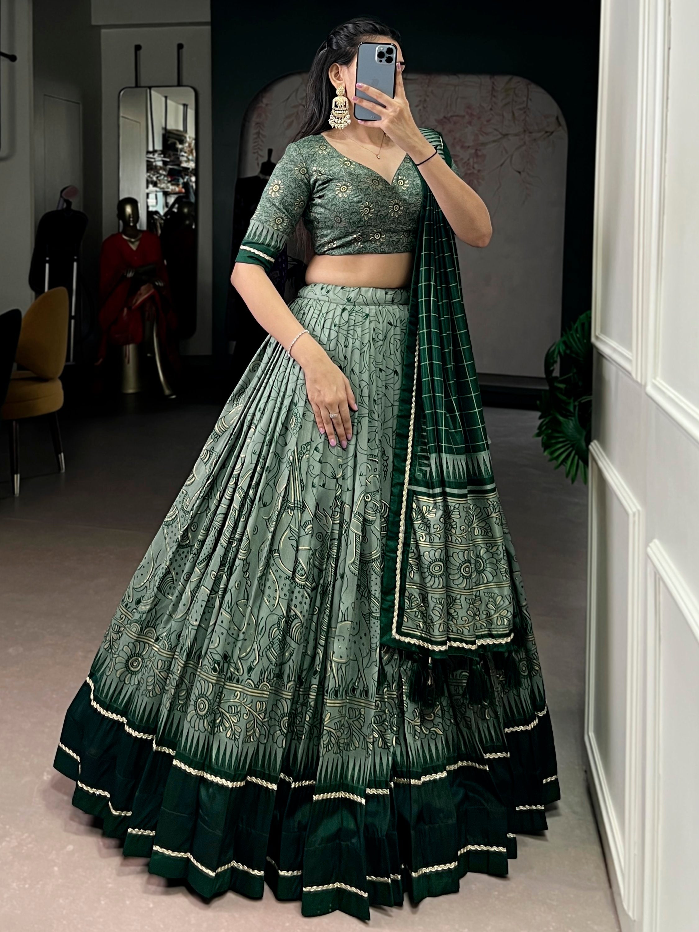 Green Kalamkari Print Tussar Silk Lehenga Choli for Festive Occasions and Weddings