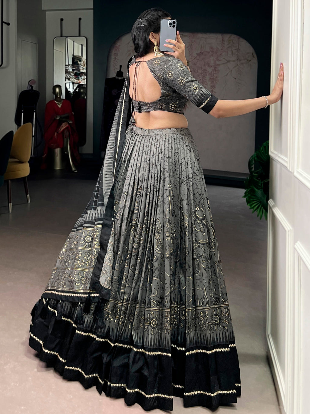 Grey Kalamkari Print Tussar Silk Lehenga Choli for Festive Occasions and Weddings