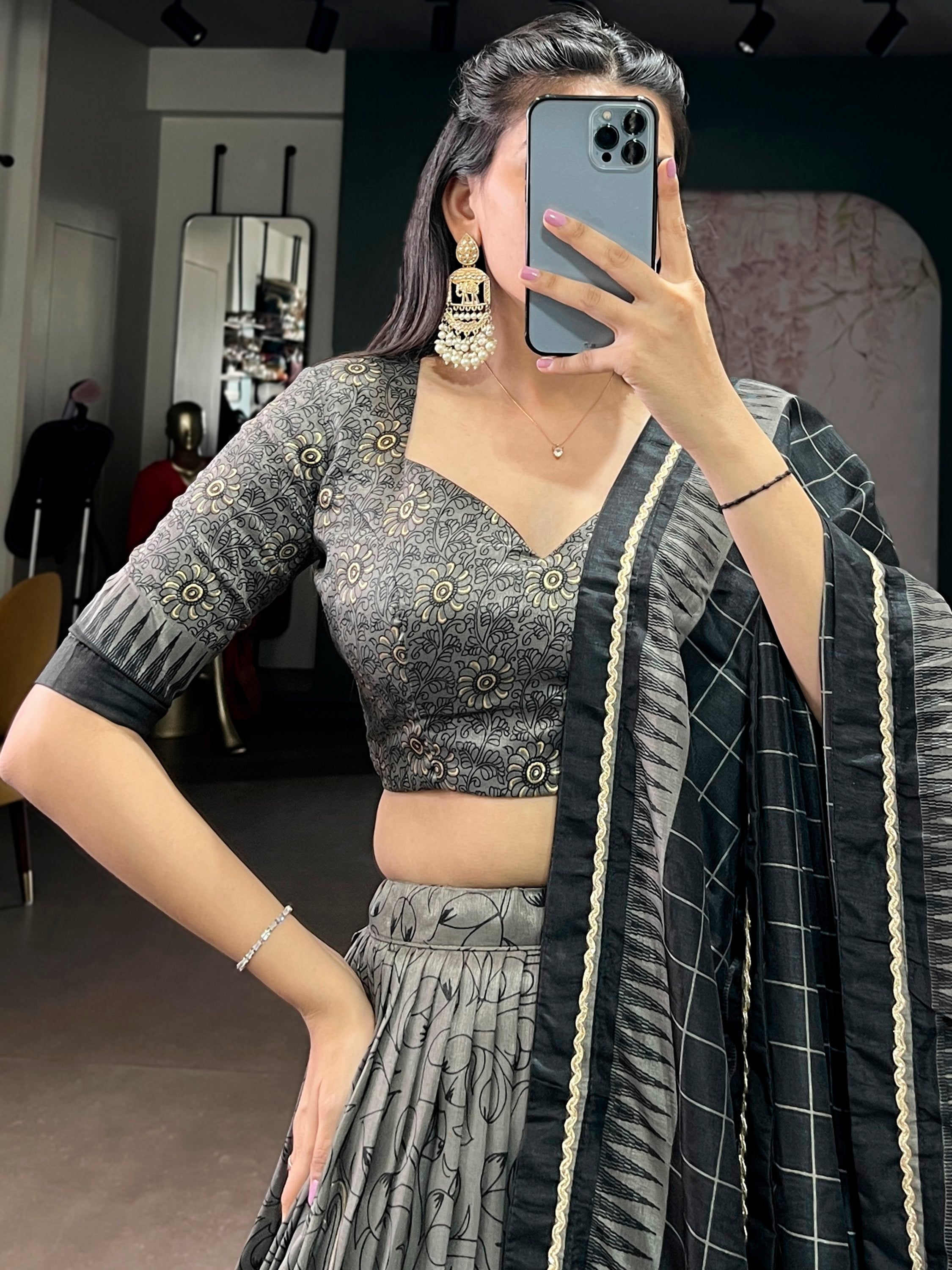 Grey Kalamkari Print Tussar Silk Lehenga Choli for Festive Occasions and Weddings