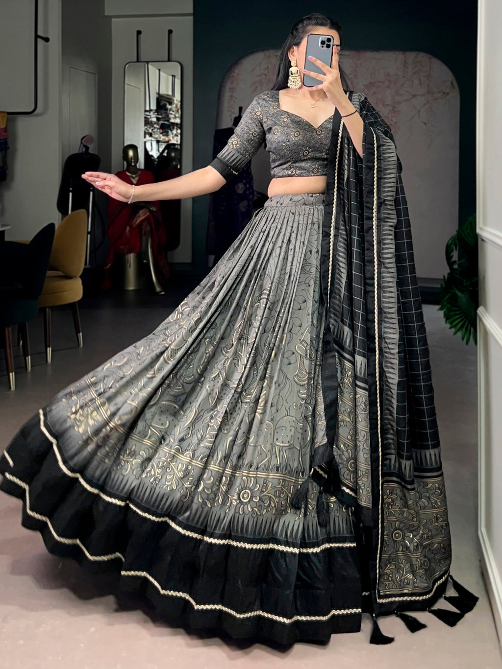 Grey Kalamkari Print Tussar Silk Lehenga Choli for Festive Occasions and Weddings