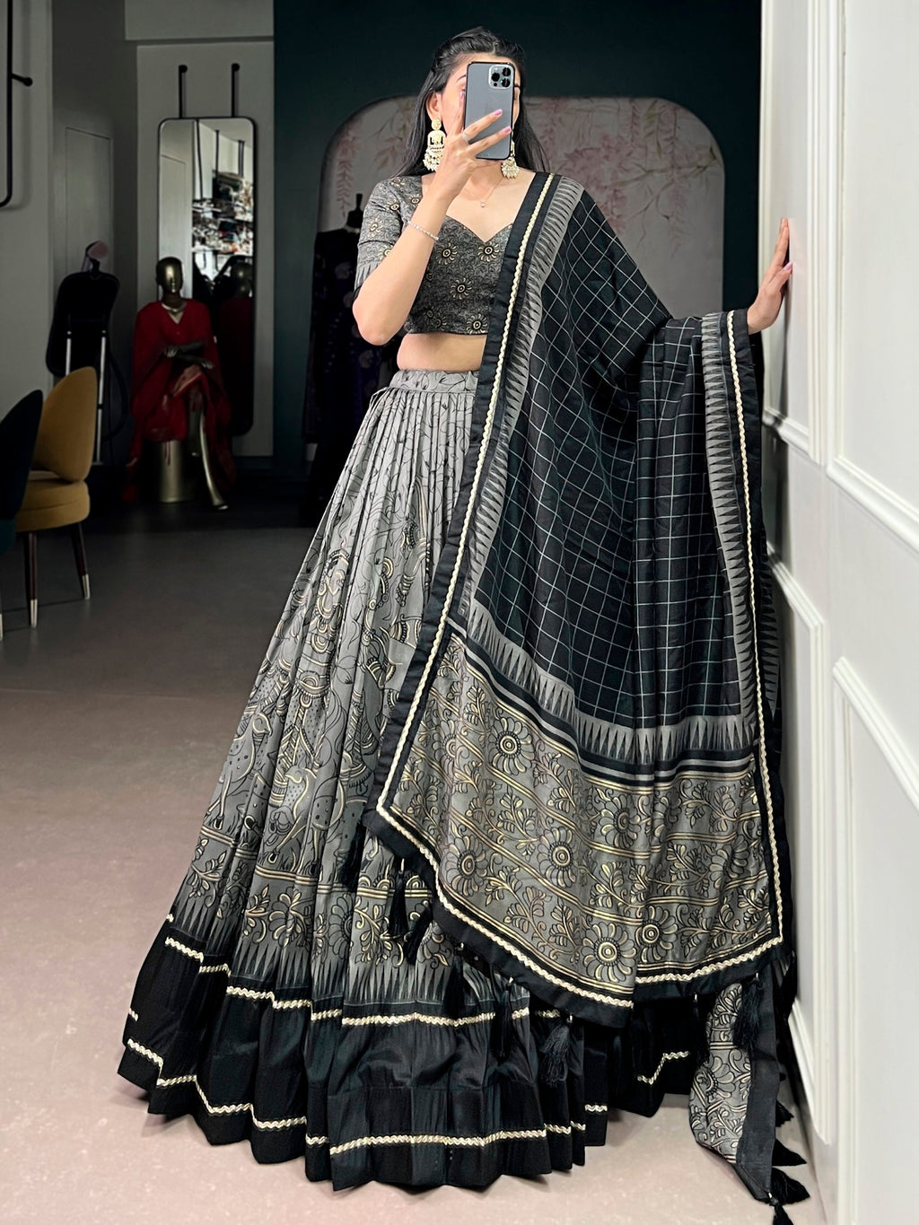 Grey Kalamkari Print Tussar Silk Lehenga Choli for Festive Occasions and Weddings