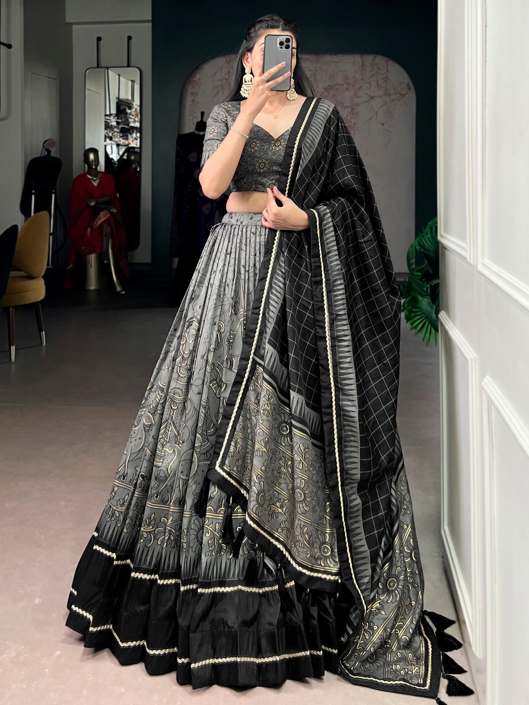 Grey Kalamkari Print Tussar Silk Lehenga Choli for Festive Occasions and Weddings