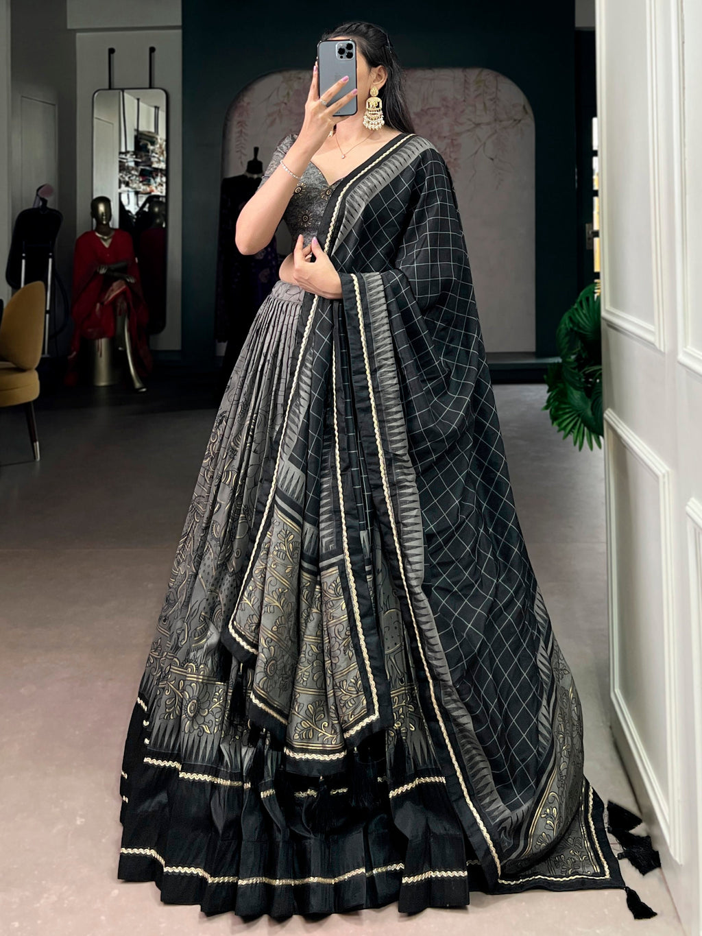 Grey Kalamkari Print Tussar Silk Lehenga Choli for Festive Occasions and Weddings