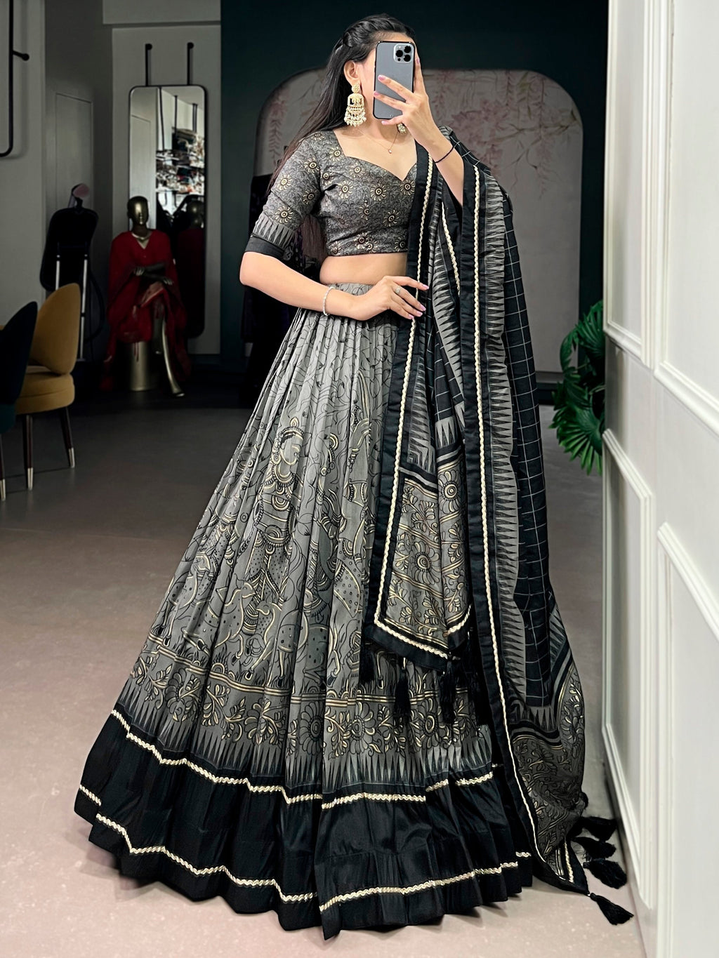 Grey Kalamkari Print Tussar Silk Lehenga Choli for Festive Occasions and Weddings