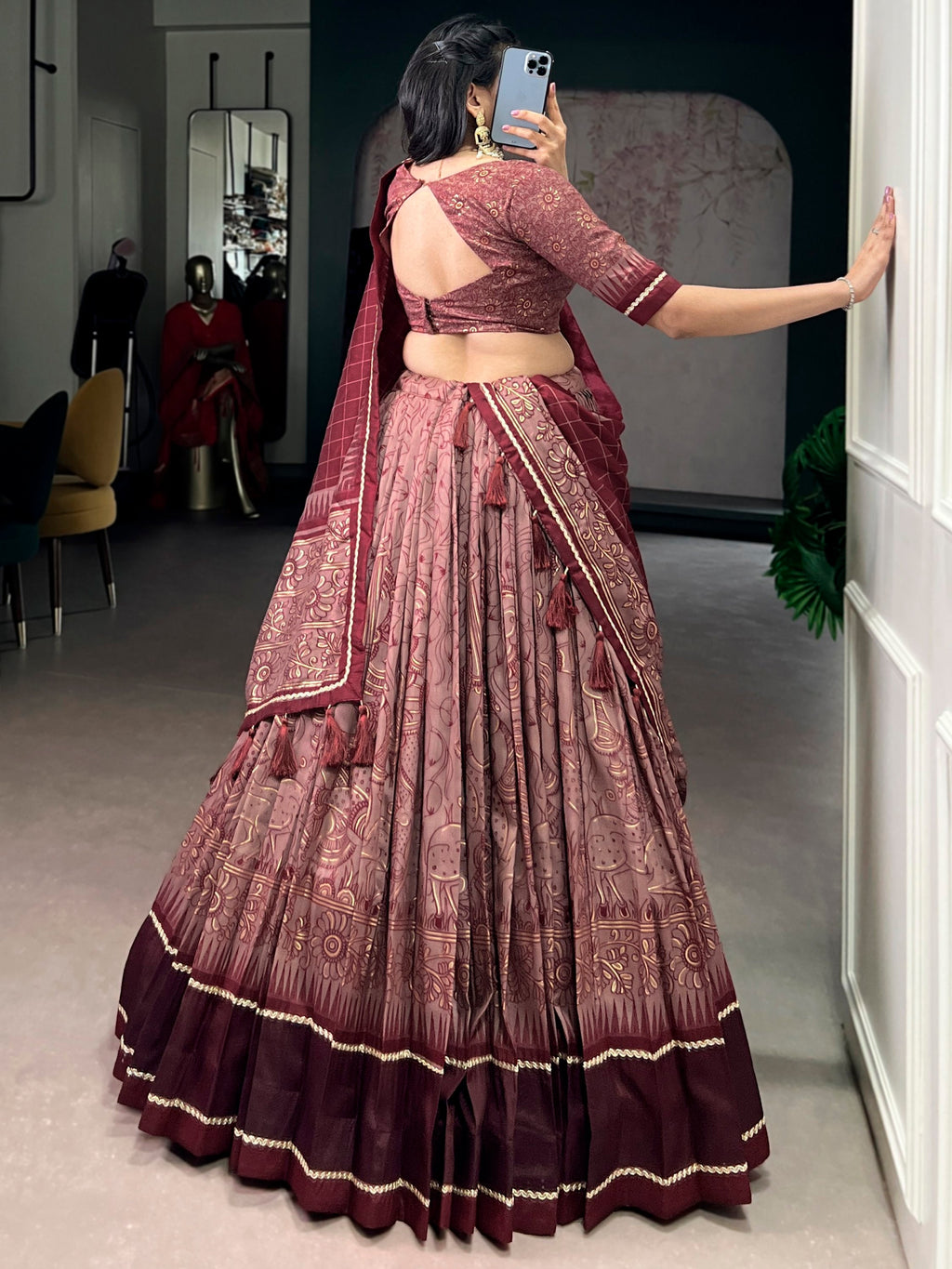 Maroon Kalamkari Print Tussar Silk Lehenga Choli for Festive Occasions and Weddings