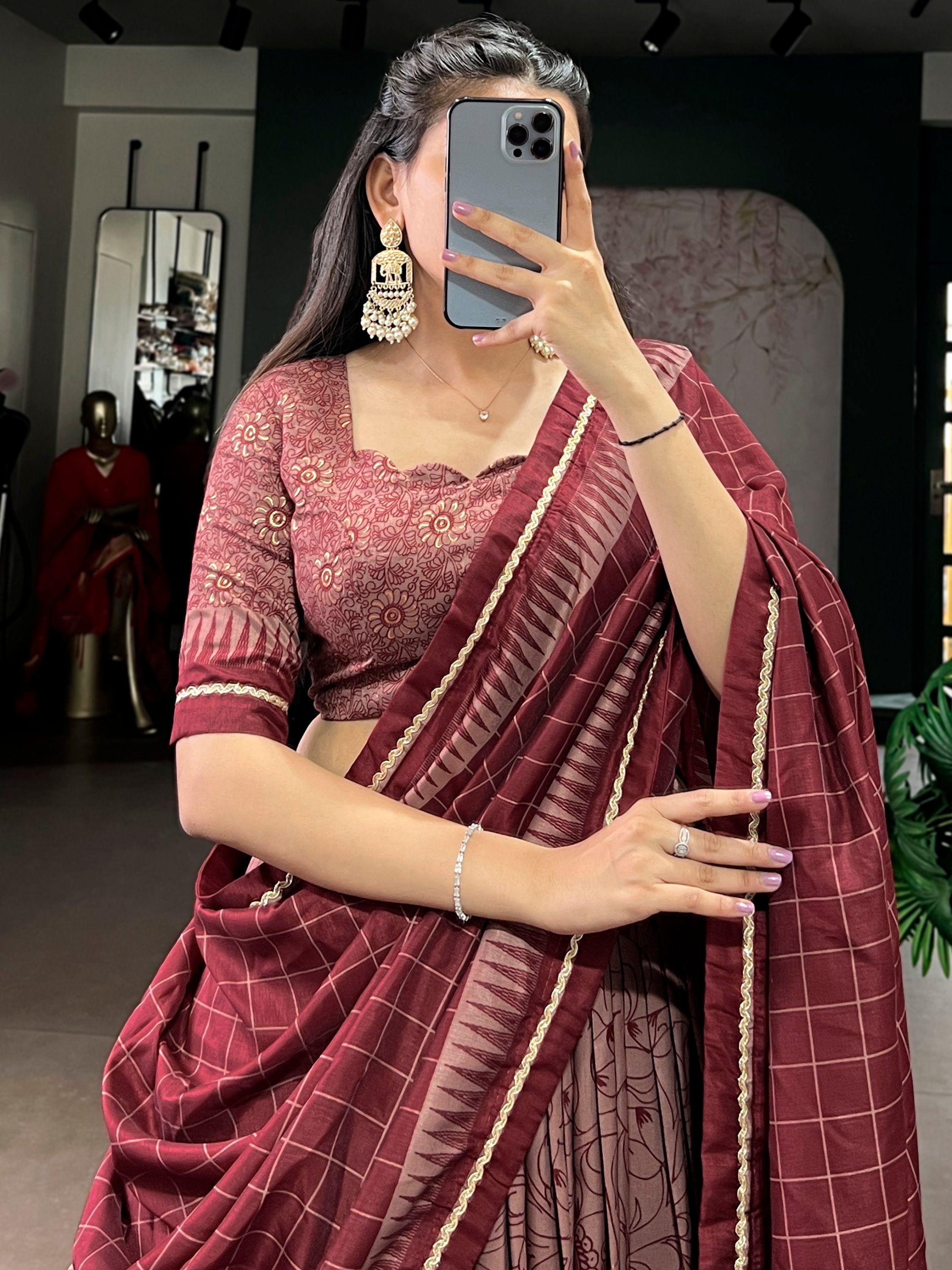 Maroon Kalamkari Print Tussar Silk Lehenga Choli for Festive Occasions and Weddings