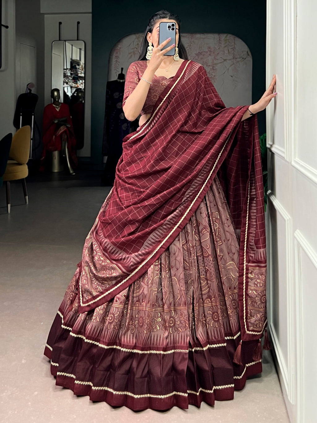 Maroon Kalamkari Print Tussar Silk Lehenga Choli for Festive Occasions and Weddings