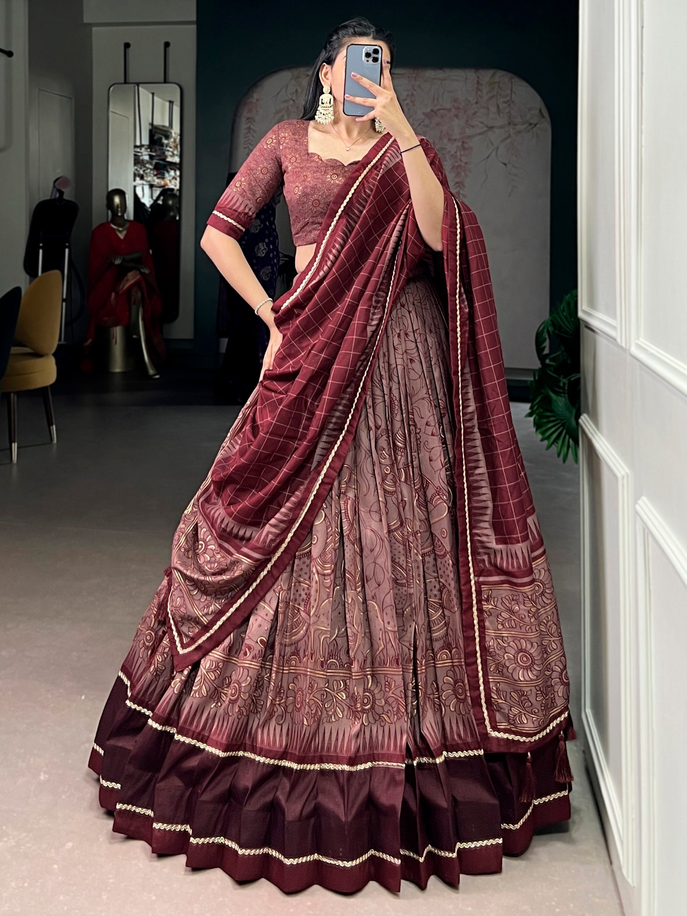 Maroon Kalamkari Print Tussar Silk Lehenga Choli for Festive Occasions and Weddings