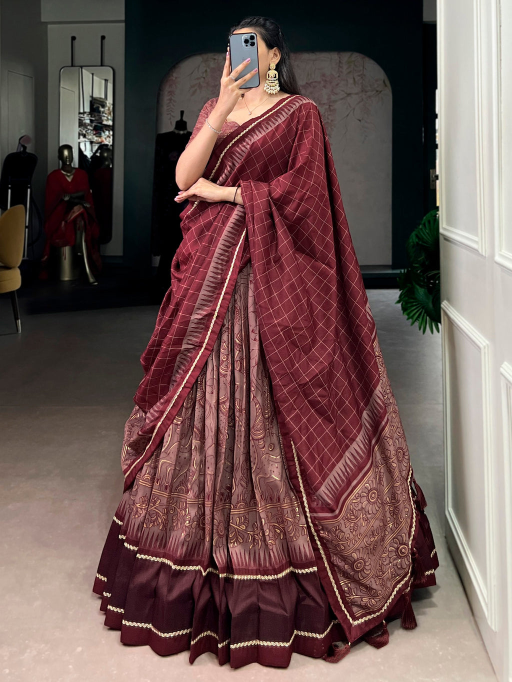 Maroon Kalamkari Print Tussar Silk Lehenga Choli for Festive Occasions and Weddings