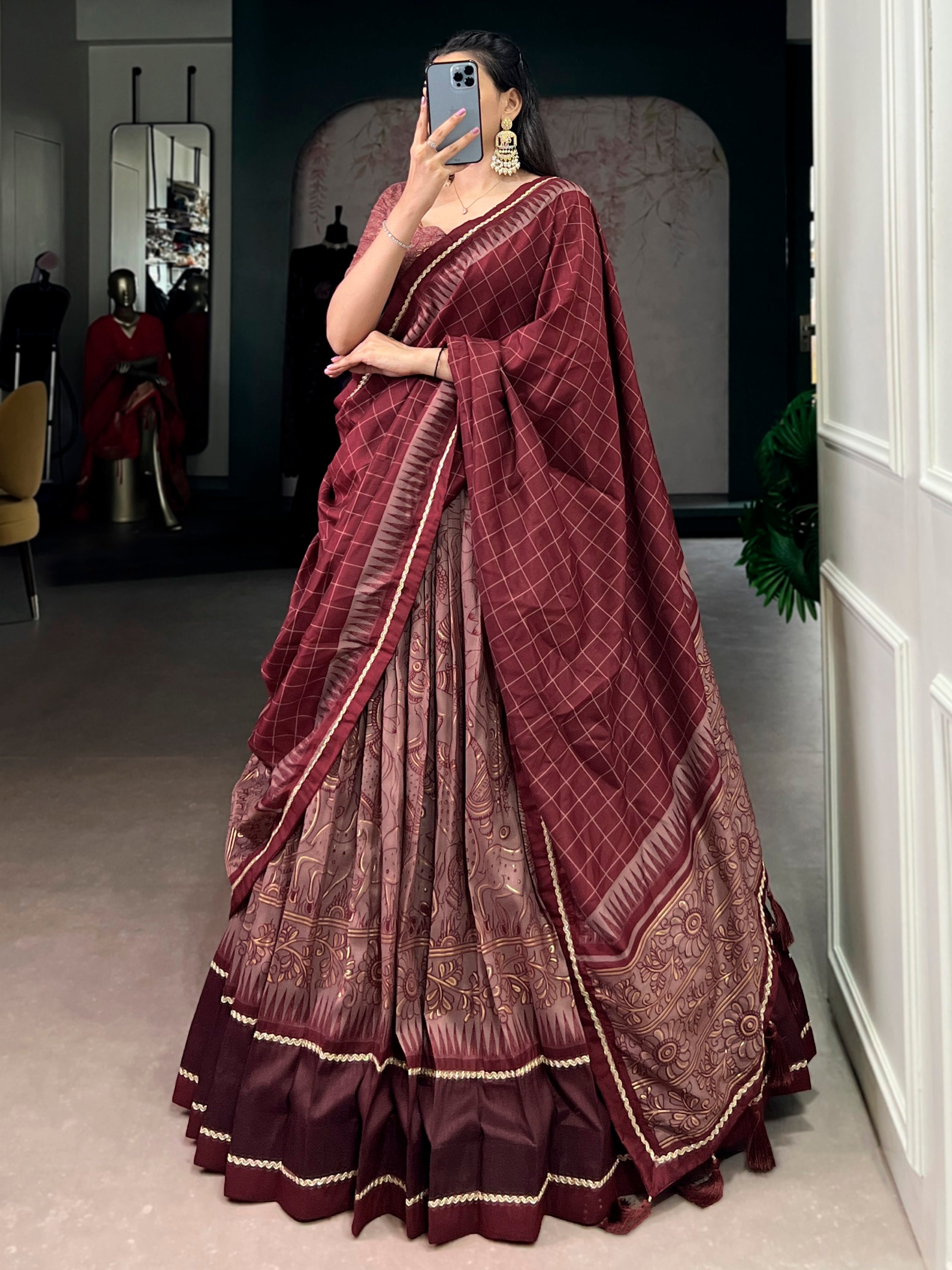 Maroon Kalamkari Print Tussar Silk Lehenga Choli for Festive Occasions and Weddings