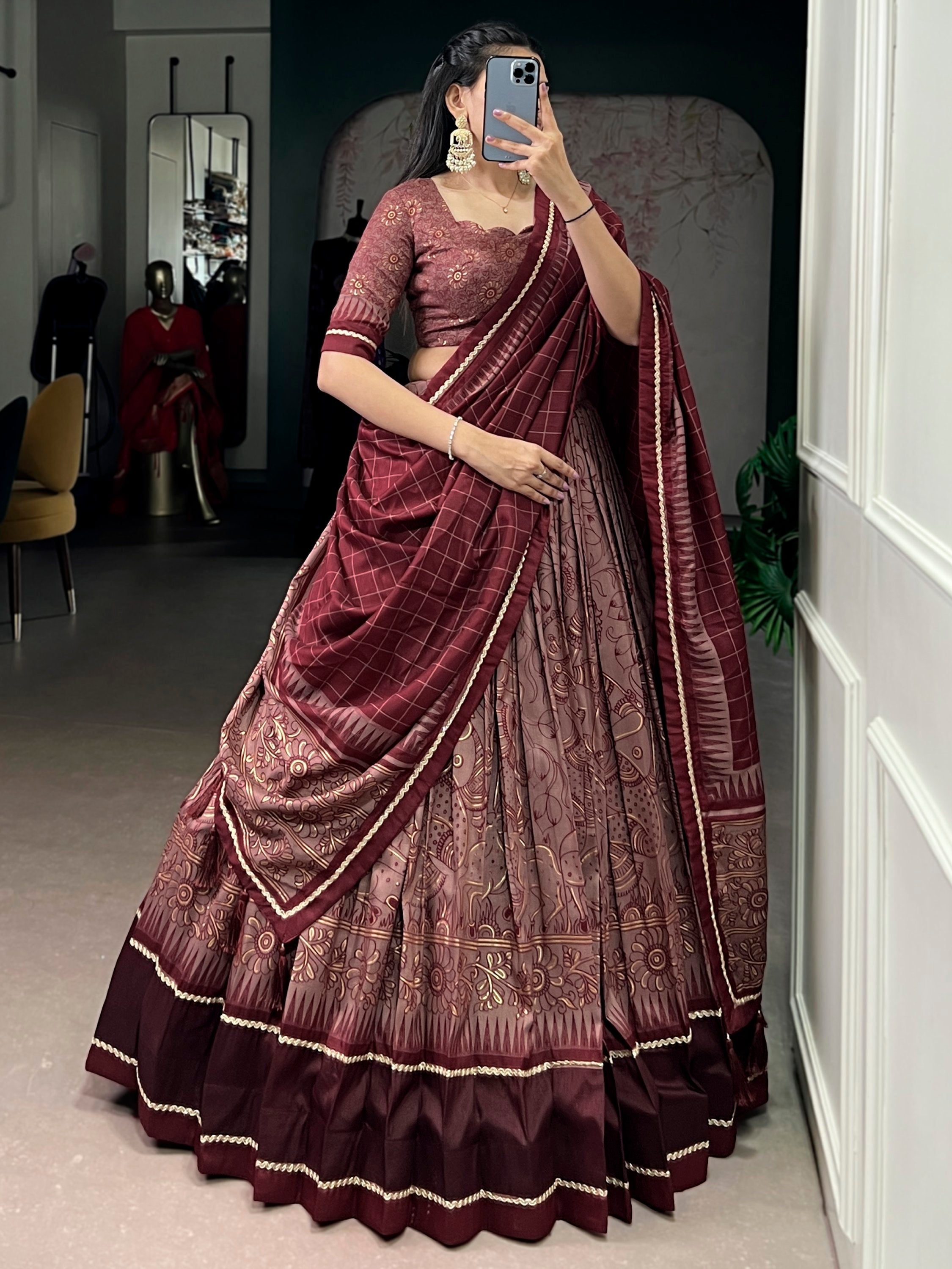 Maroon Kalamkari Print Tussar Silk Lehenga Choli for Festive Occasions and Weddings