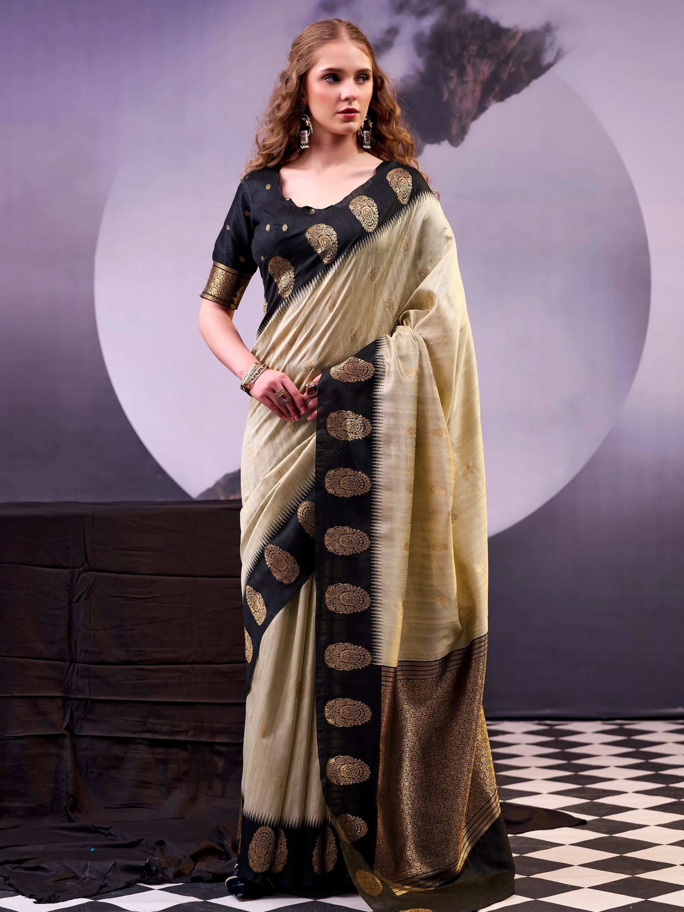 Beige Awesome Zari Weaving Cotton Marriage Wear Saree With Blouse