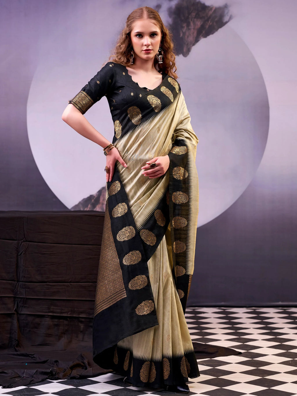 Beige Awesome Zari Weaving Cotton Marriage Wear Saree With Blouse