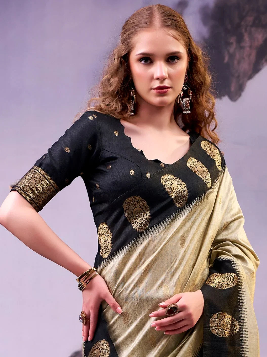 Beige Awesome Zari Weaving Cotton Marriage Wear Saree With Blouse