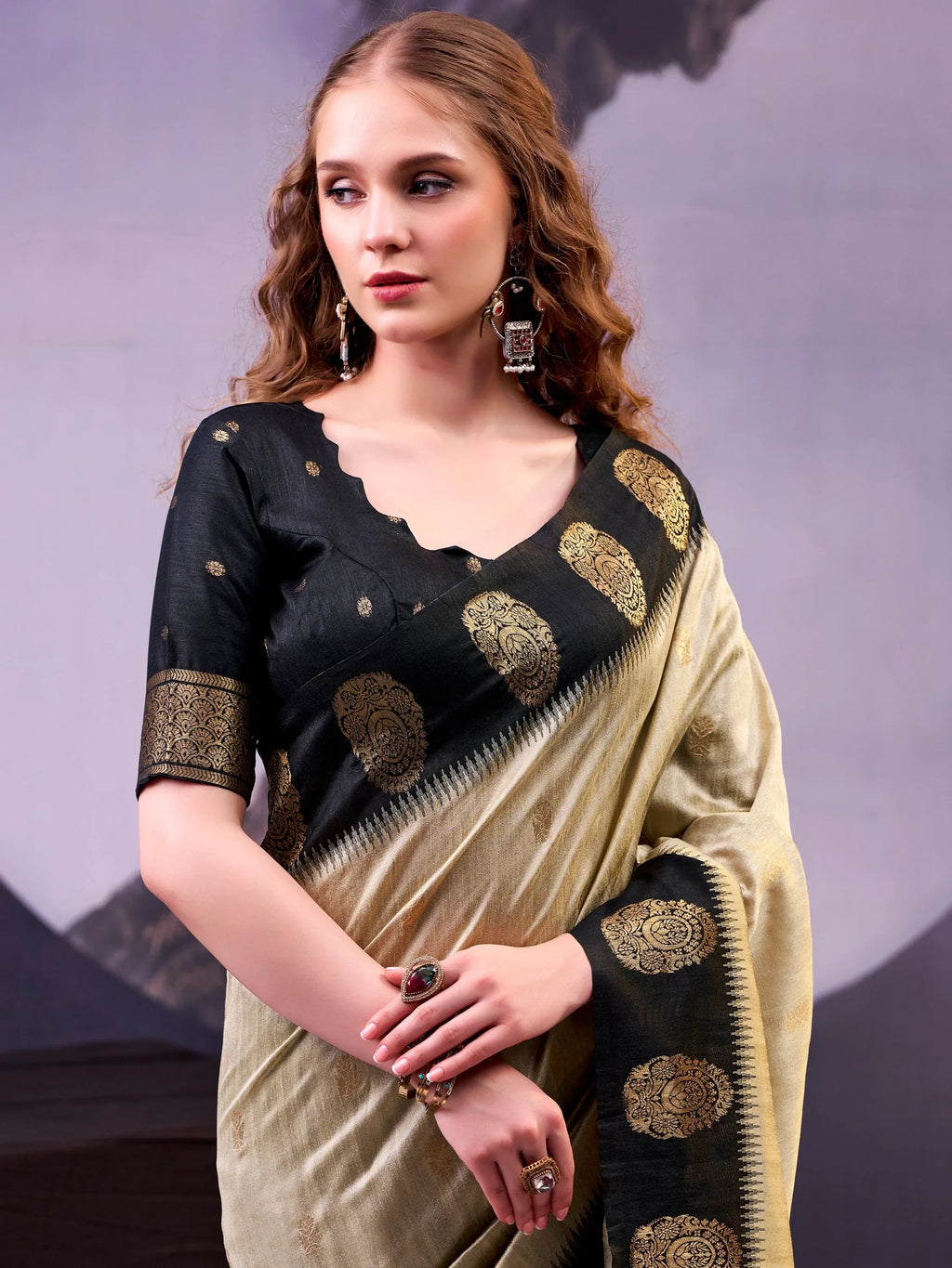 Beige Awesome Zari Weaving Cotton Marriage Wear Saree With Blouse