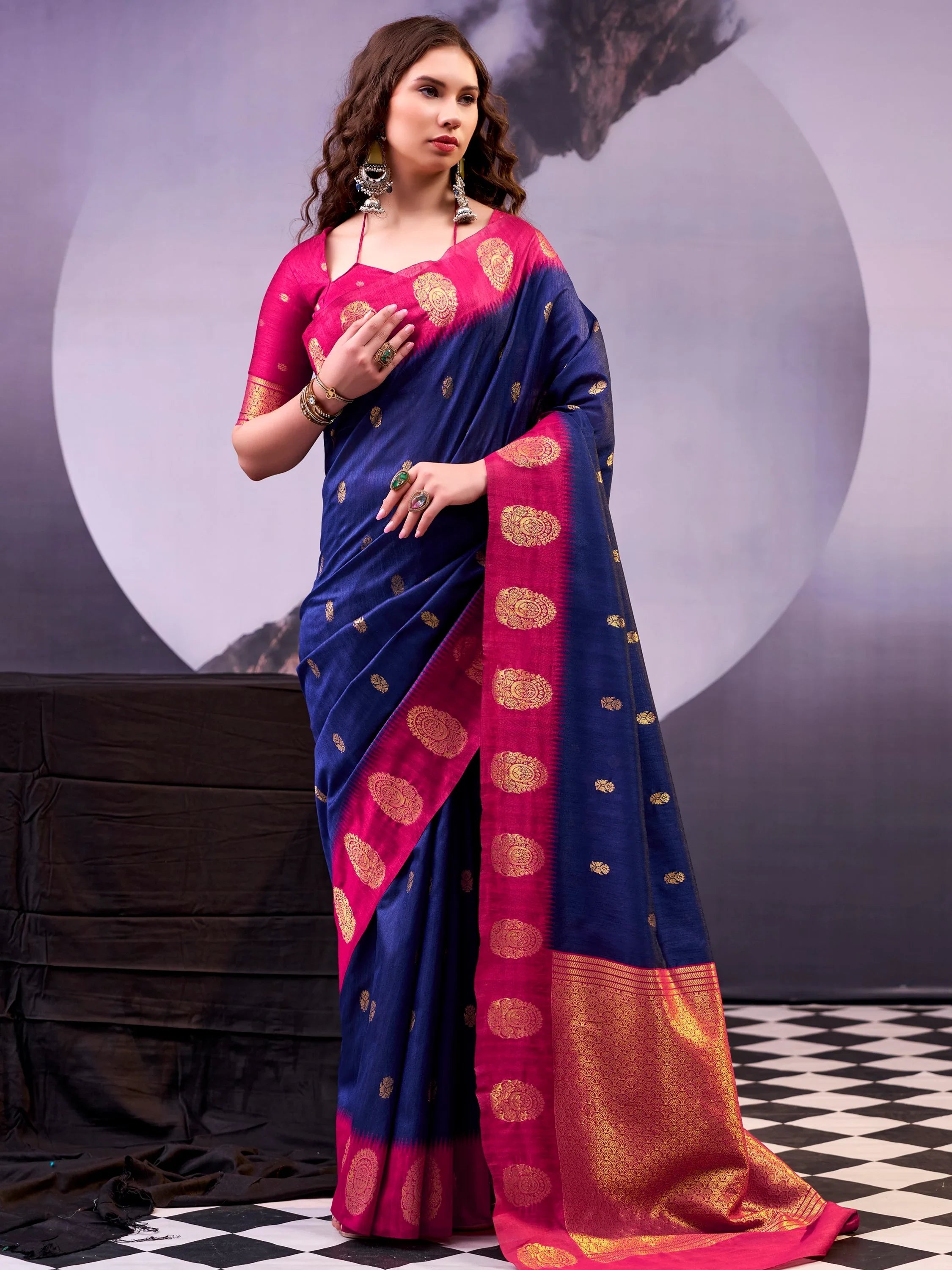 Navy Awesome Zari Weaving Cotton Marriage Wear Saree With Blouse