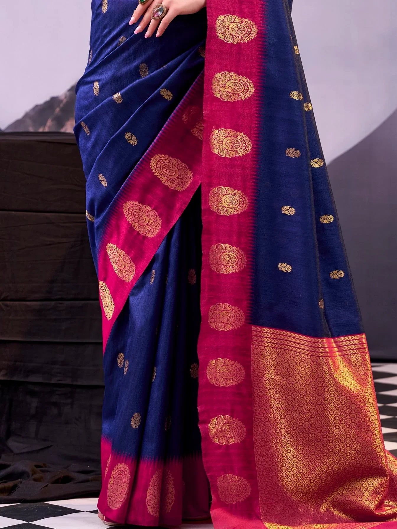 Navy Awesome Zari Weaving Cotton Marriage Wear Saree With Blouse
