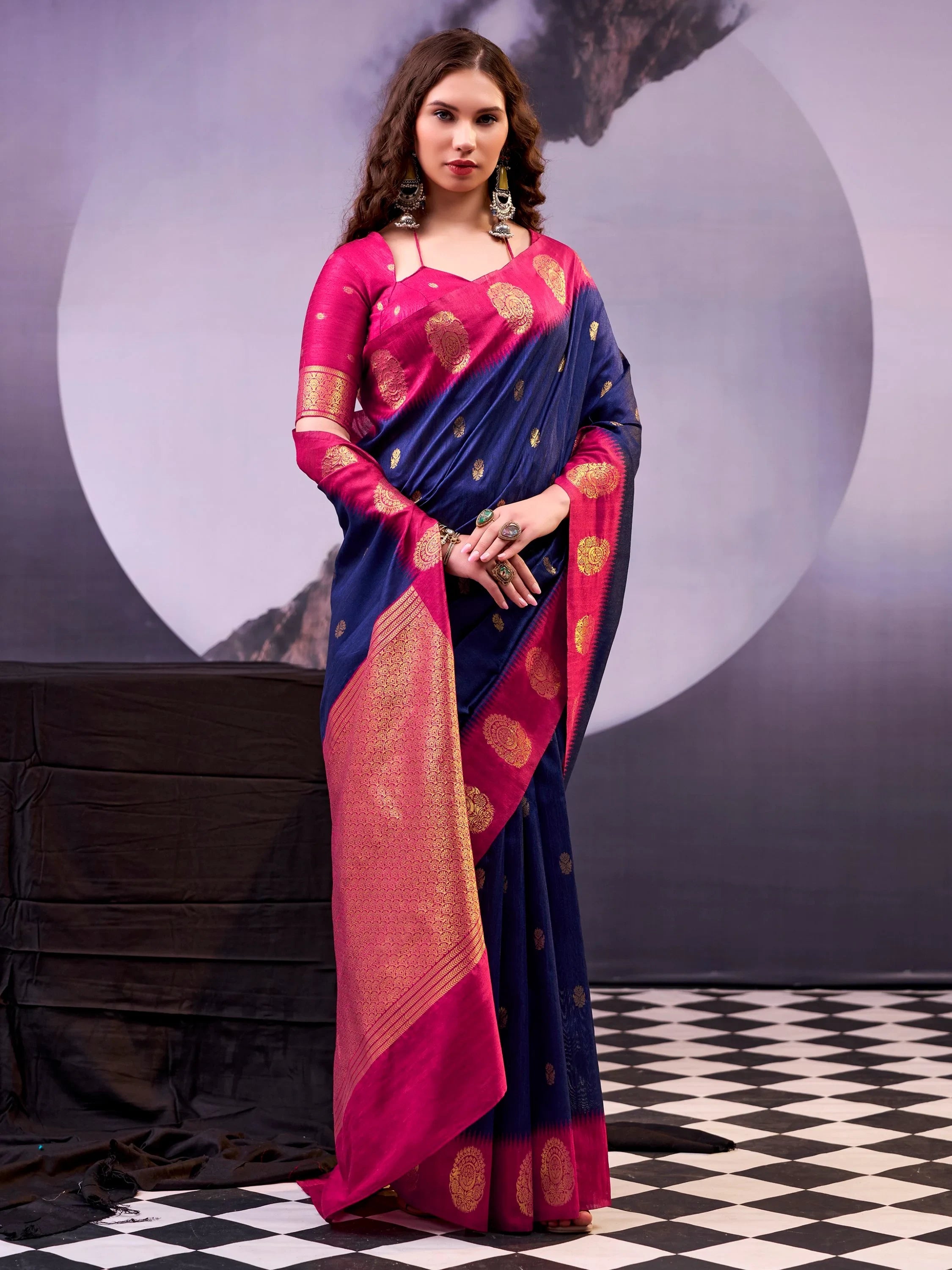Navy Awesome Zari Weaving Cotton Marriage Wear Saree With Blouse