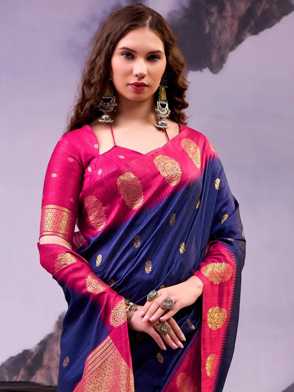 Navy Awesome Zari Weaving Cotton Marriage Wear Saree With Blouse