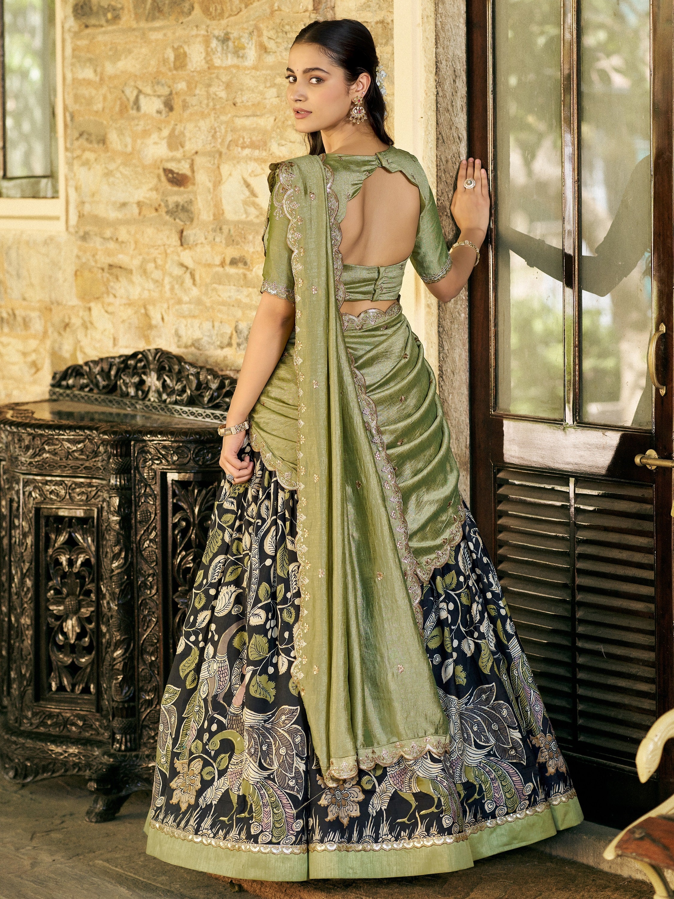 Glamorous Black Kalamkari Print Silk Festive Wear Half Saree Lehenga
