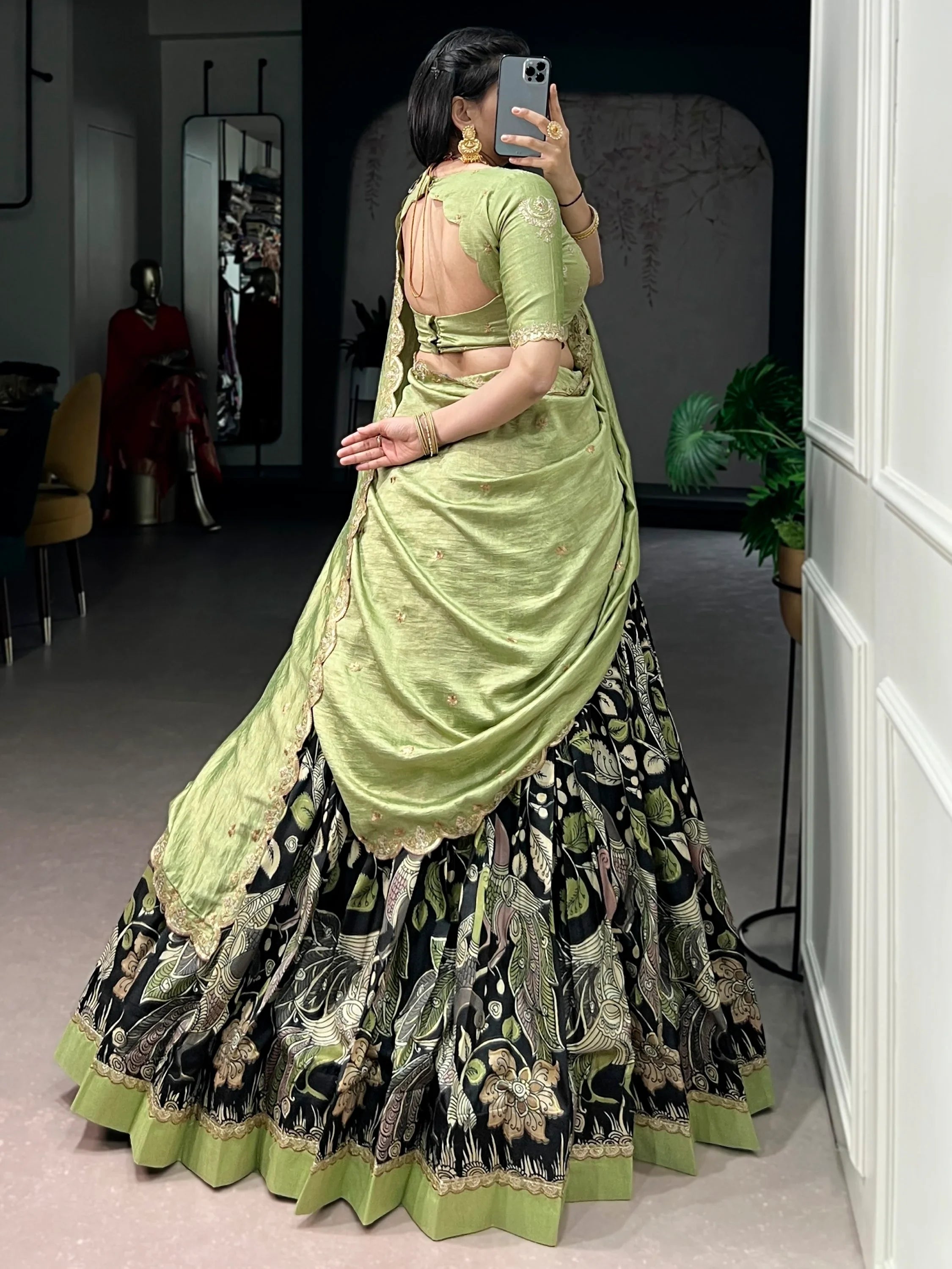 Black Alluring Kalamkari Printed Silk Festive Wear Half Saree Lehenga