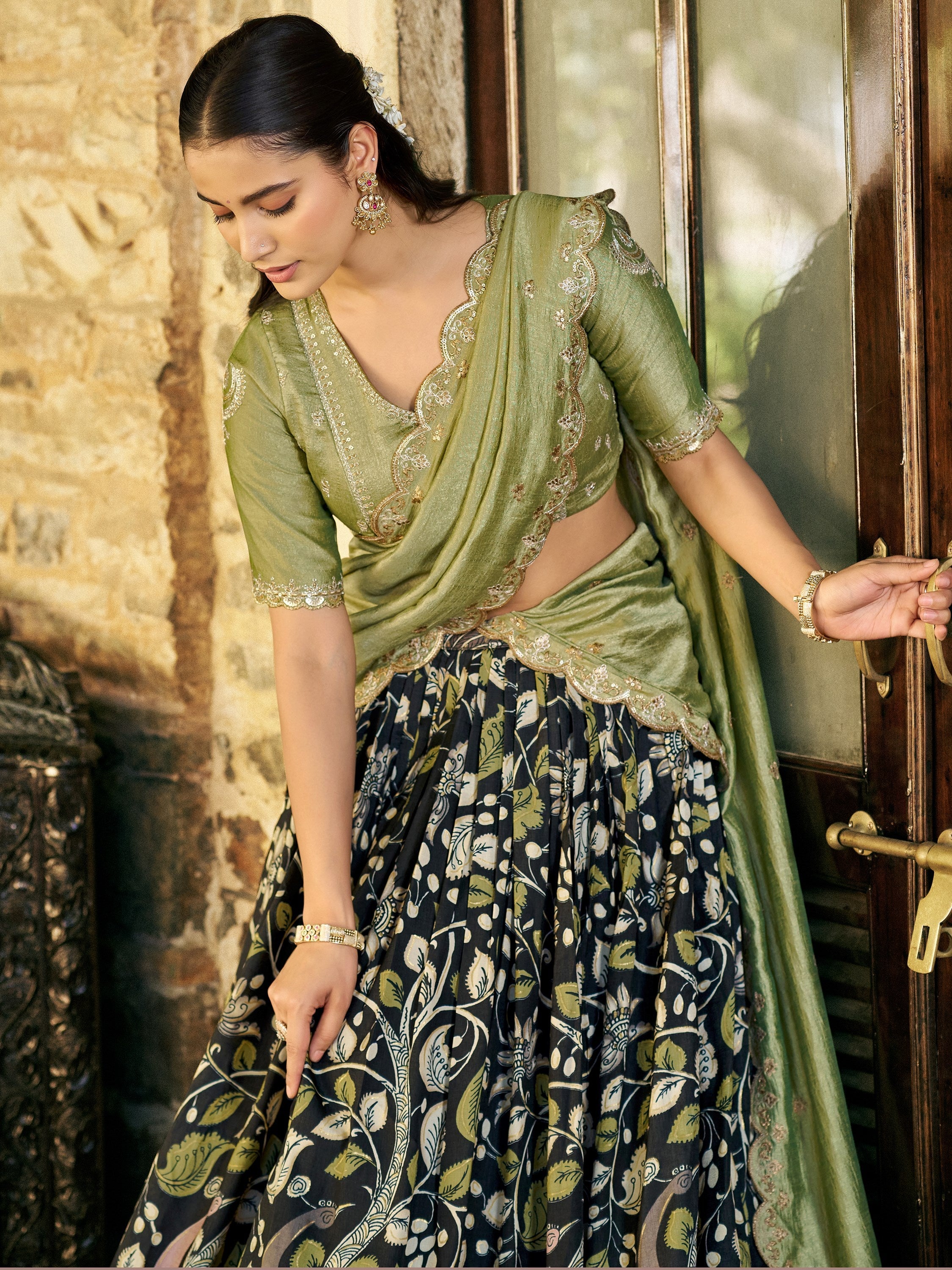 Glamorous Black Kalamkari Print Silk Festive Wear Half Saree Lehenga