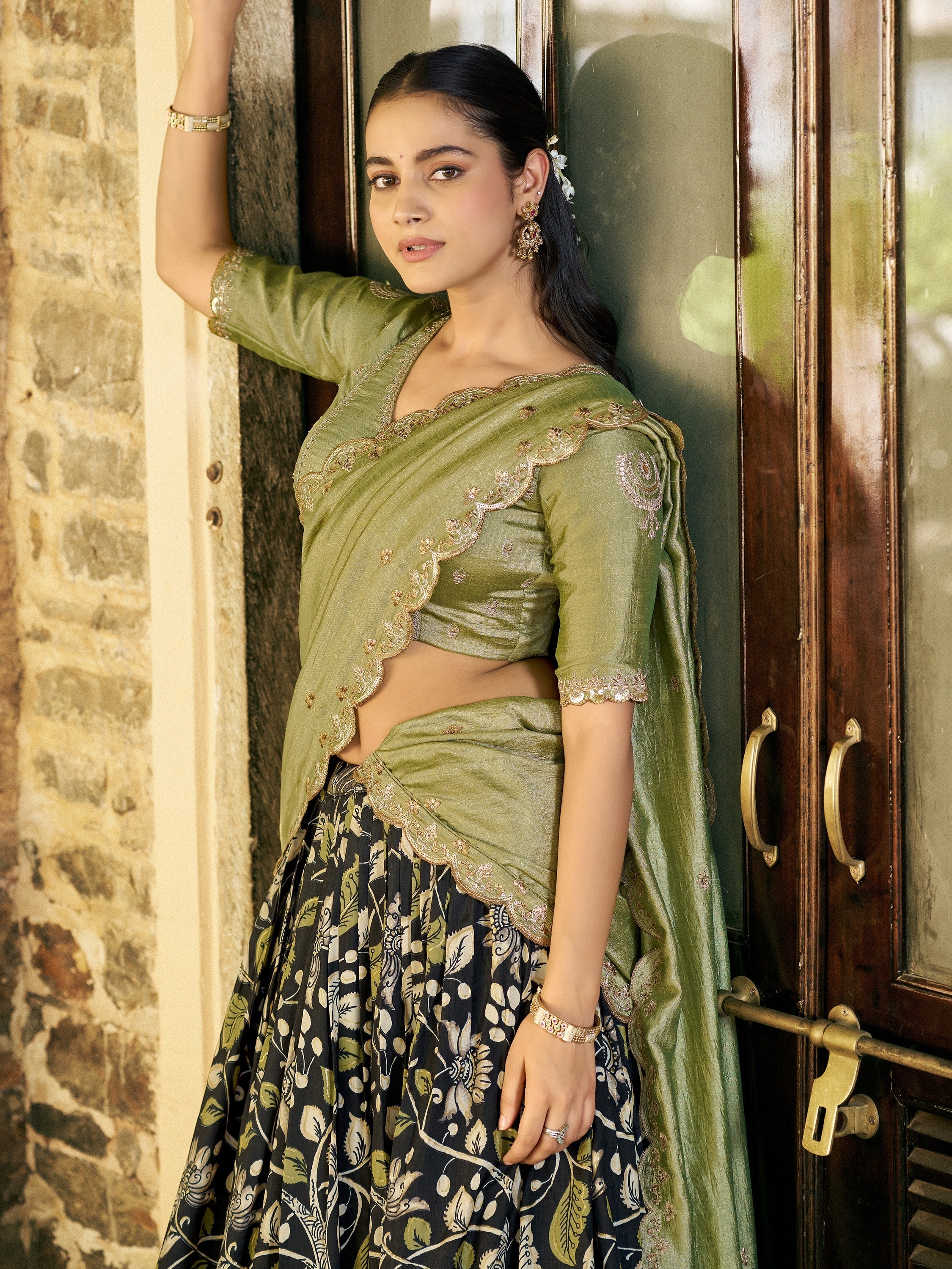 Glamorous Black Kalamkari Print Silk Festive Wear Half Saree Lehenga