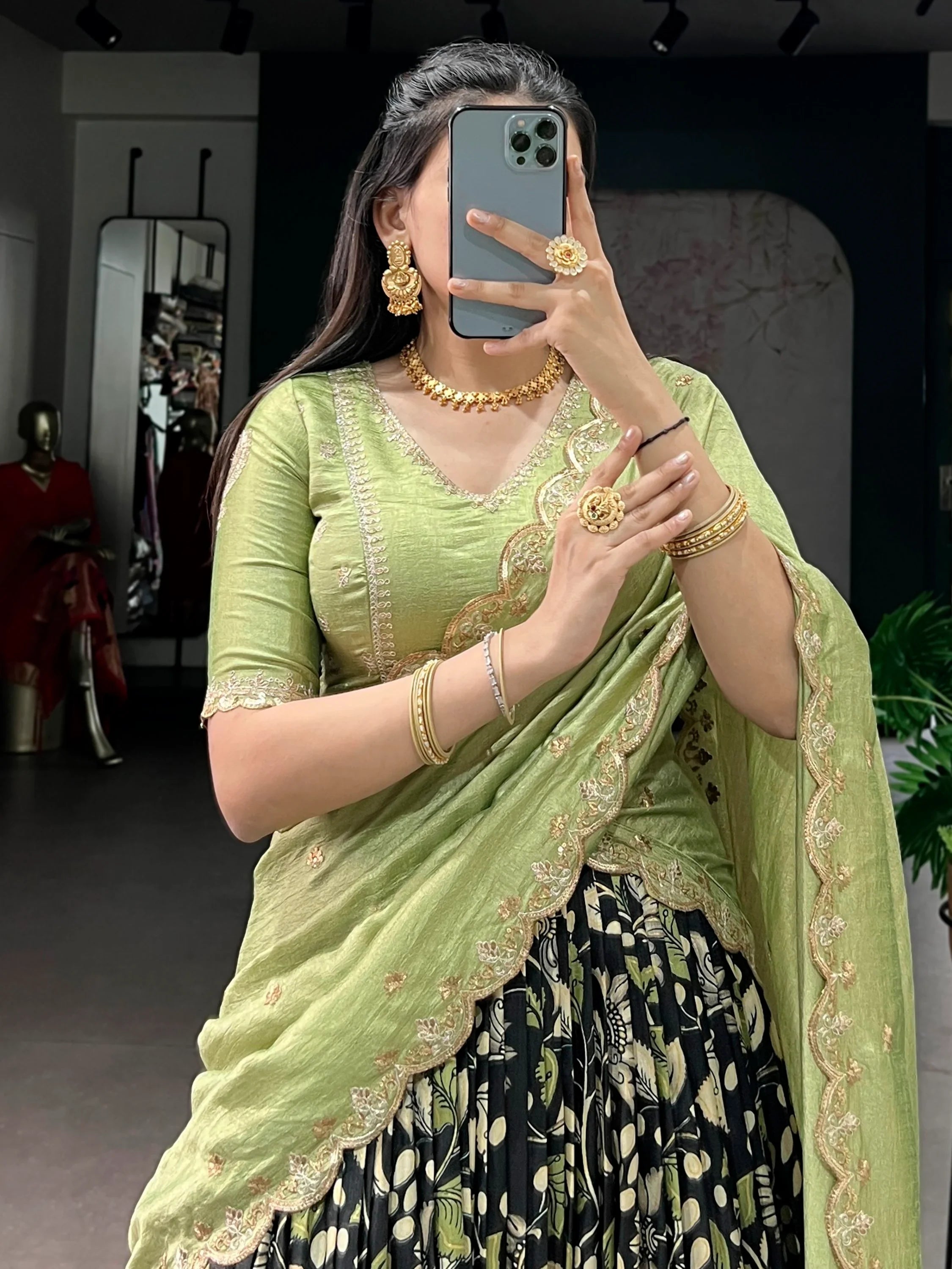 Black Alluring Kalamkari Printed Silk Festive Wear Half Saree Lehenga